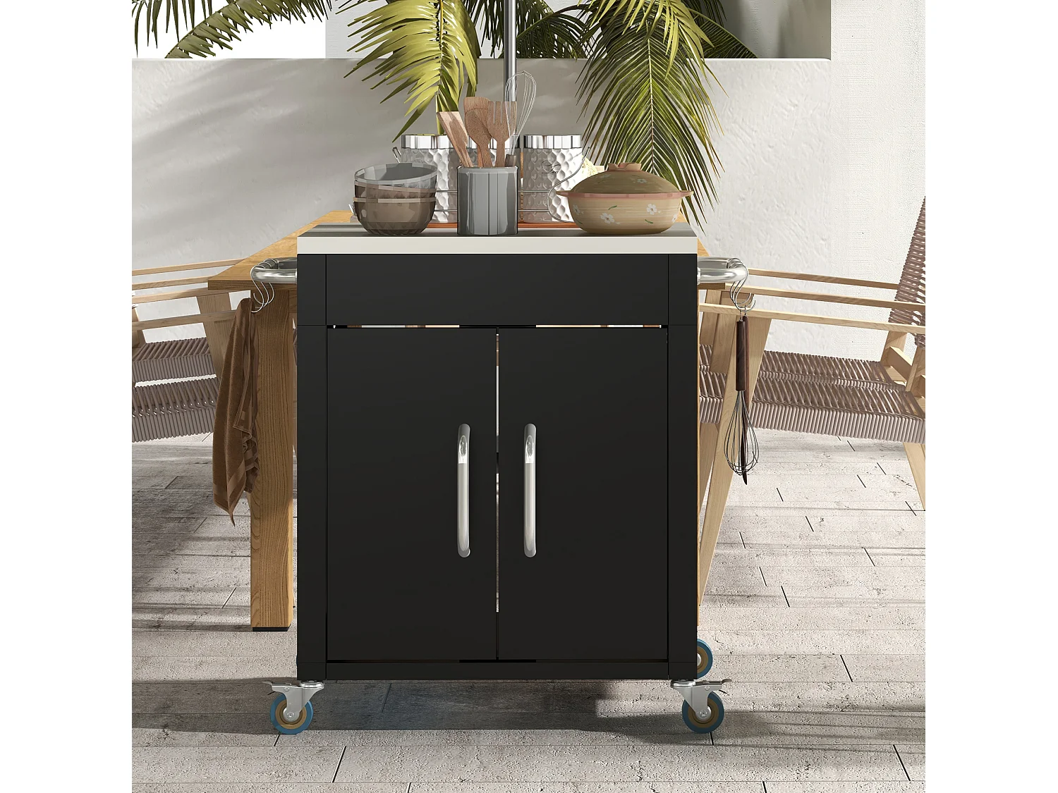 Carrello da cucina con ruote, contenitore con armadietto e ganci, acciaio nero (86x50x86,5cm)