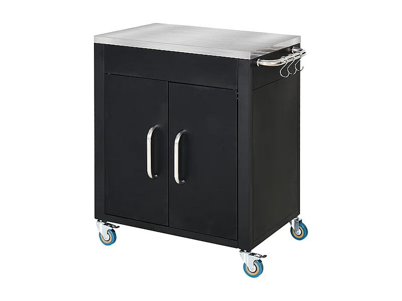 Carrello da cucina con ruote, contenitore con armadietto e ganci, acciaio nero (86x50x86,5cm)