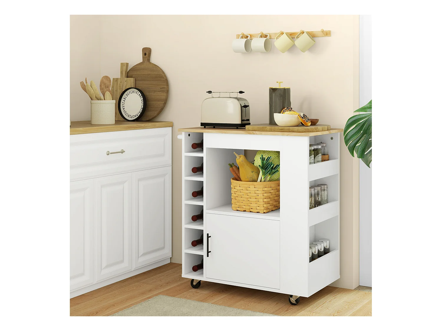 Chariot de cuisine avec plan de travail, étagères, porte-bouteilles, en chêne, 83x40x83 cm