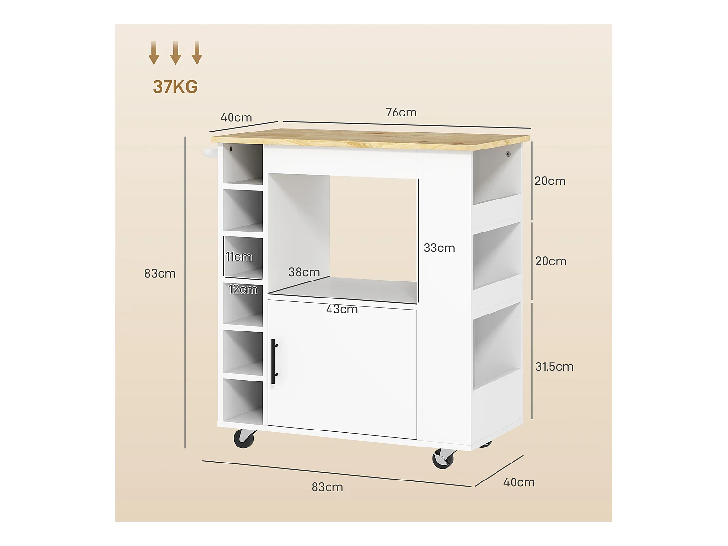 Chariot de cuisine avec plan de travail, étagères, porte-bouteilles, en chêne, 83x40x83 cm