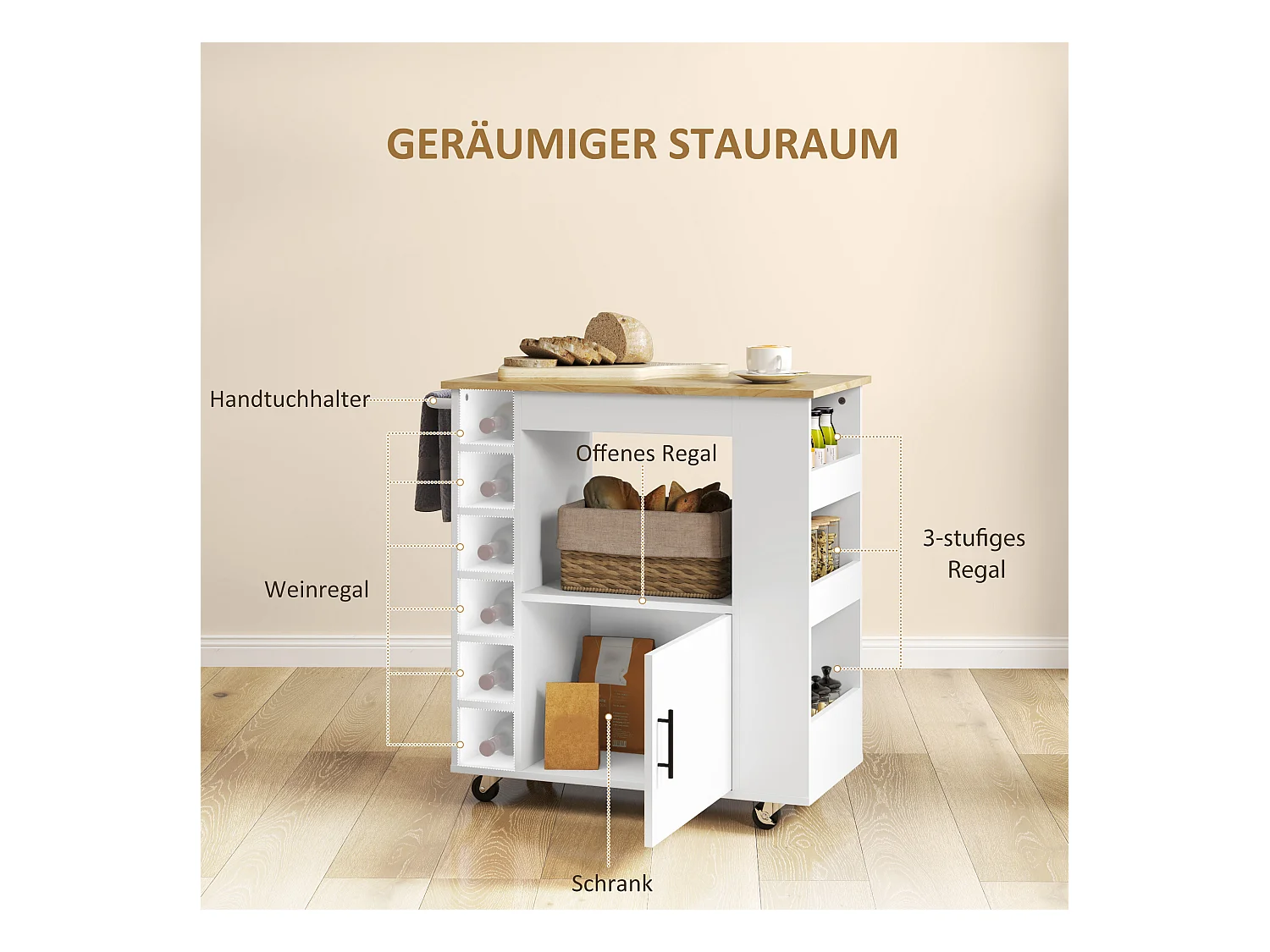 Chariot de cuisine avec plan de travail, étagères, porte-bouteilles, en chêne, 83x40x83 cm