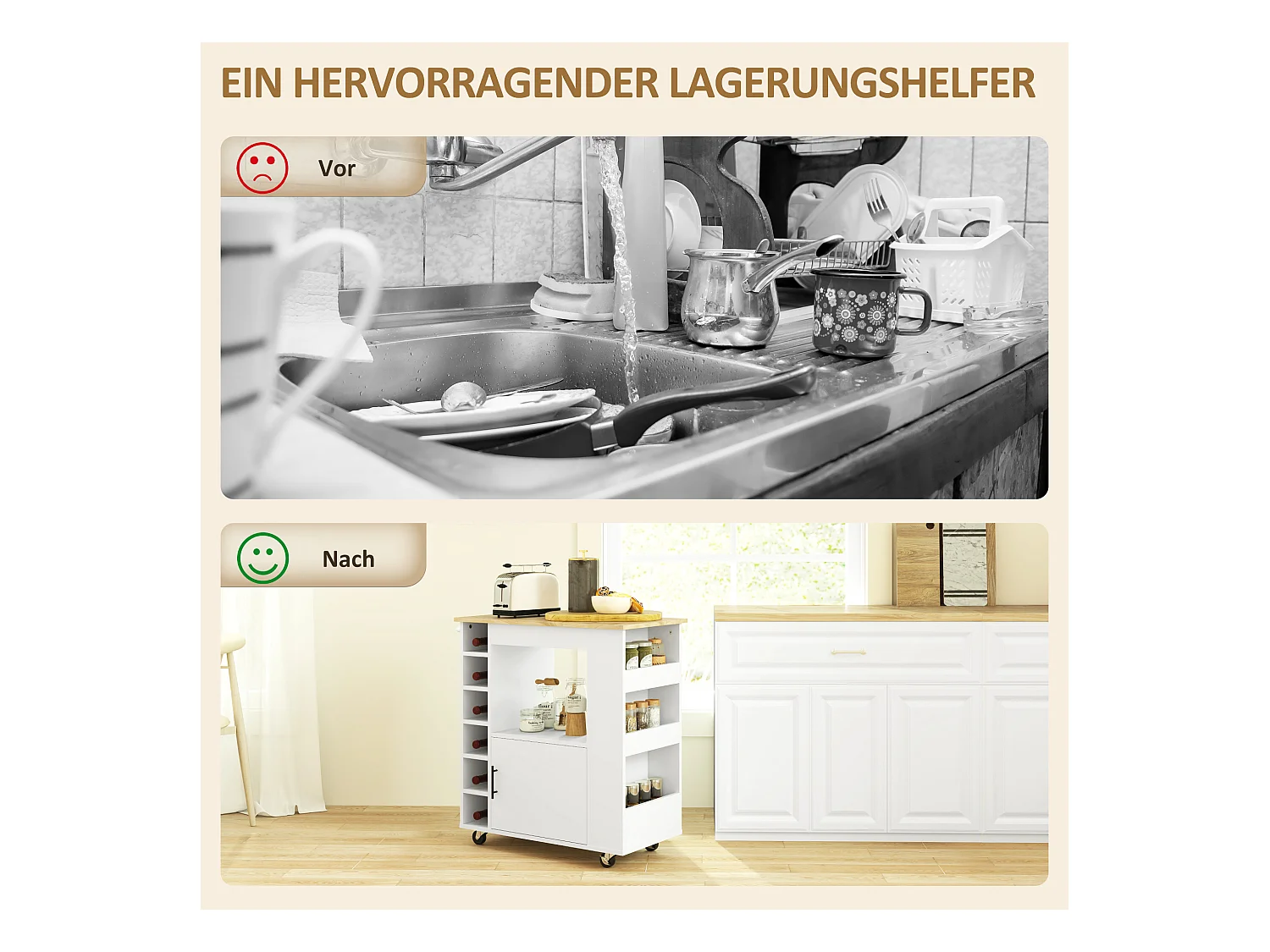 Chariot de cuisine avec plan de travail, étagères, porte-bouteilles, en chêne, 83x40x83 cm