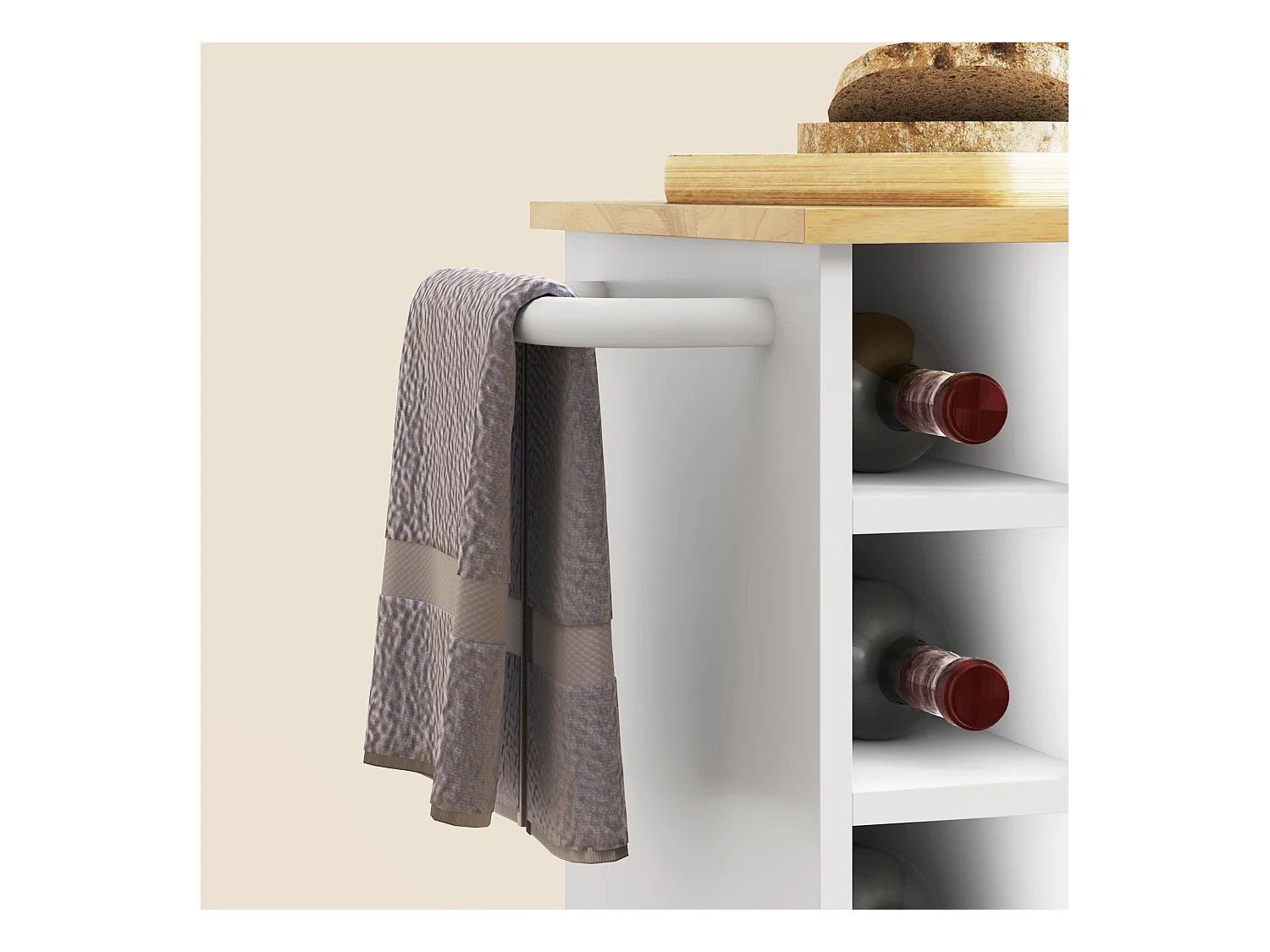 Chariot de cuisine avec plan de travail, étagères, porte-bouteilles, en chêne, 83x40x83 cm