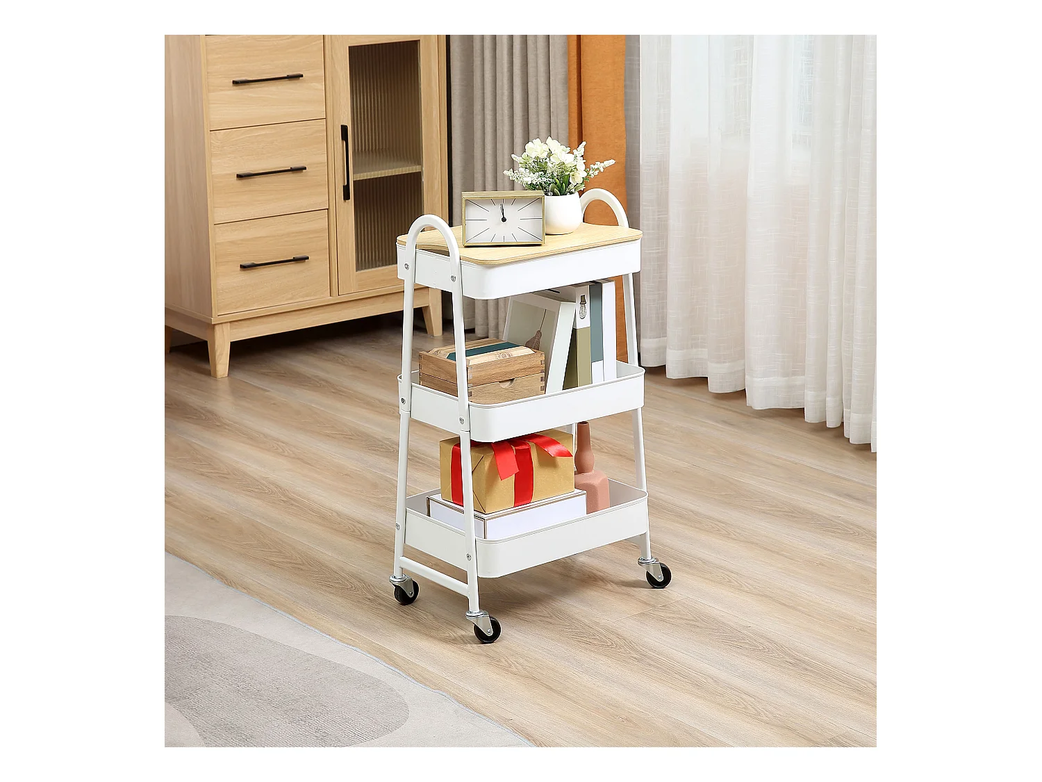 Carrito de cocina de 3 niveles con cesta y tapa, metal, blanco (53,5 x 31 x 79,4 cm)