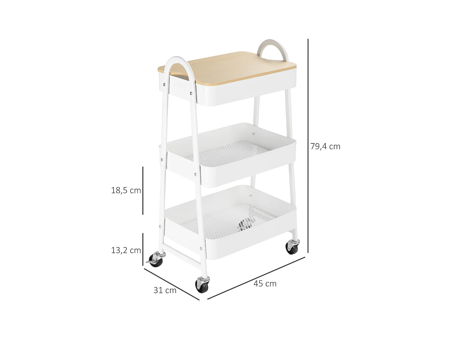 Carrito de cocina de 3 niveles con cesta y tapa, metal, blanco (53,5 x 31 x 79,4 cm)