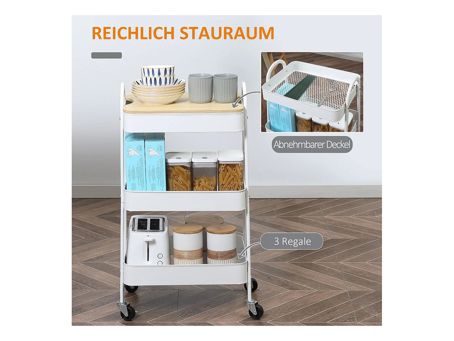 Carrito de cocina de 3 niveles con cesta y tapa, metal, blanco (53,5 x 31 x 79,4 cm)