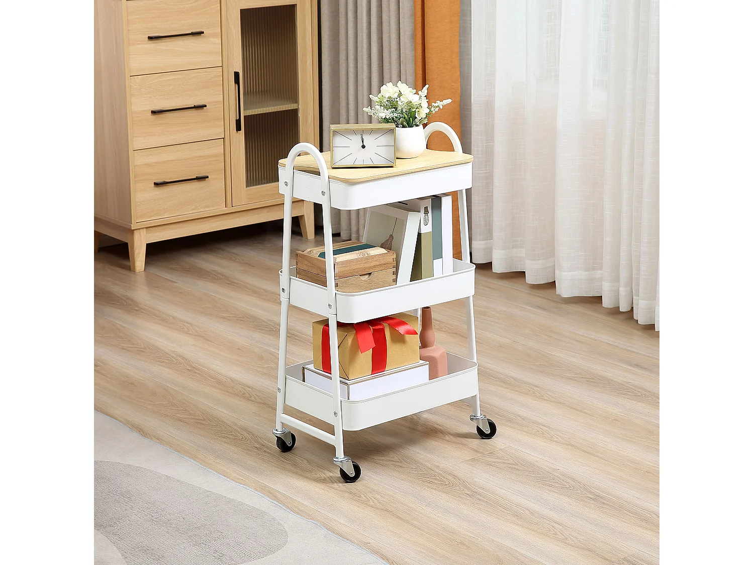 Chariot de cuisine à 3 étages avec panier et couvercle, métal, blanc (53.5x31x79.4 cm)