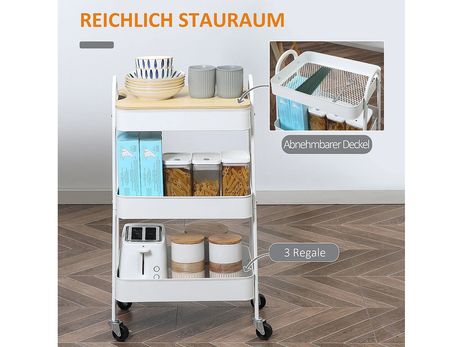Chariot de cuisine à 3 étages avec panier et couvercle, métal, blanc (53.5x31x79.4 cm)