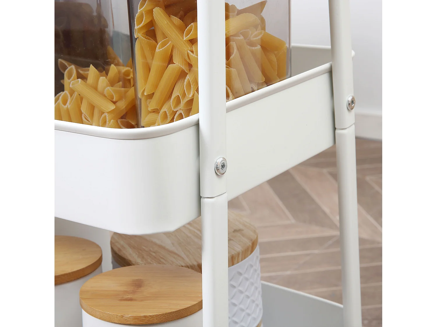 Chariot de cuisine à 3 étages avec panier et couvercle, métal, blanc (53.5x31x79.4 cm)