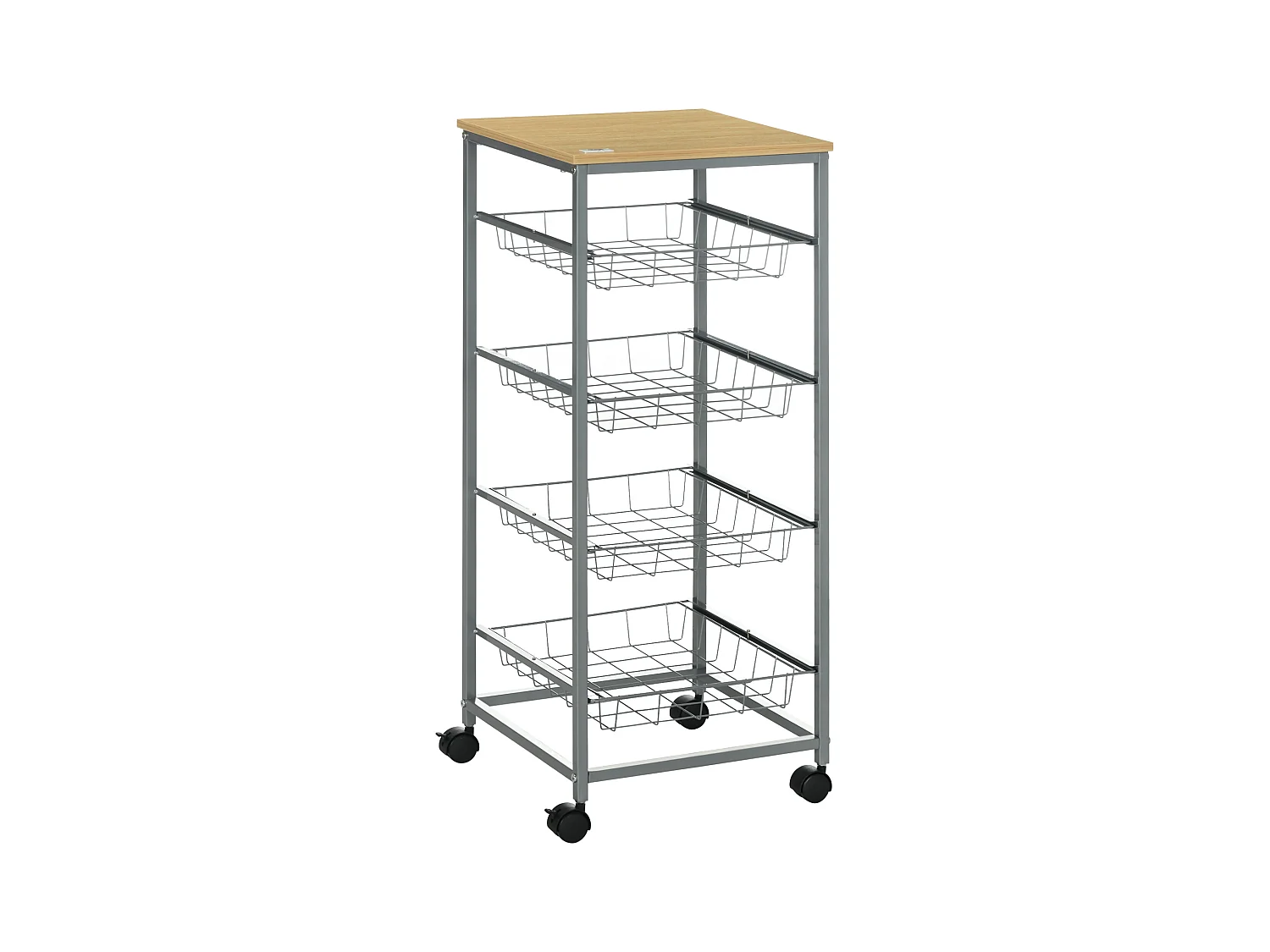 Chariot de cuisine avec paniers métalliques, en bois, argent (36.5x36.5x89 cm)