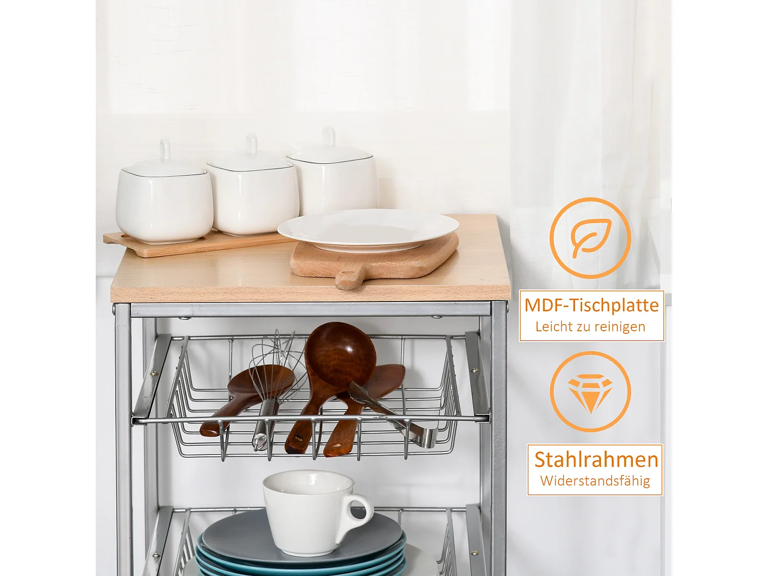 Chariot de cuisine avec paniers métalliques, en bois, argent (36.5x36.5x89 cm)