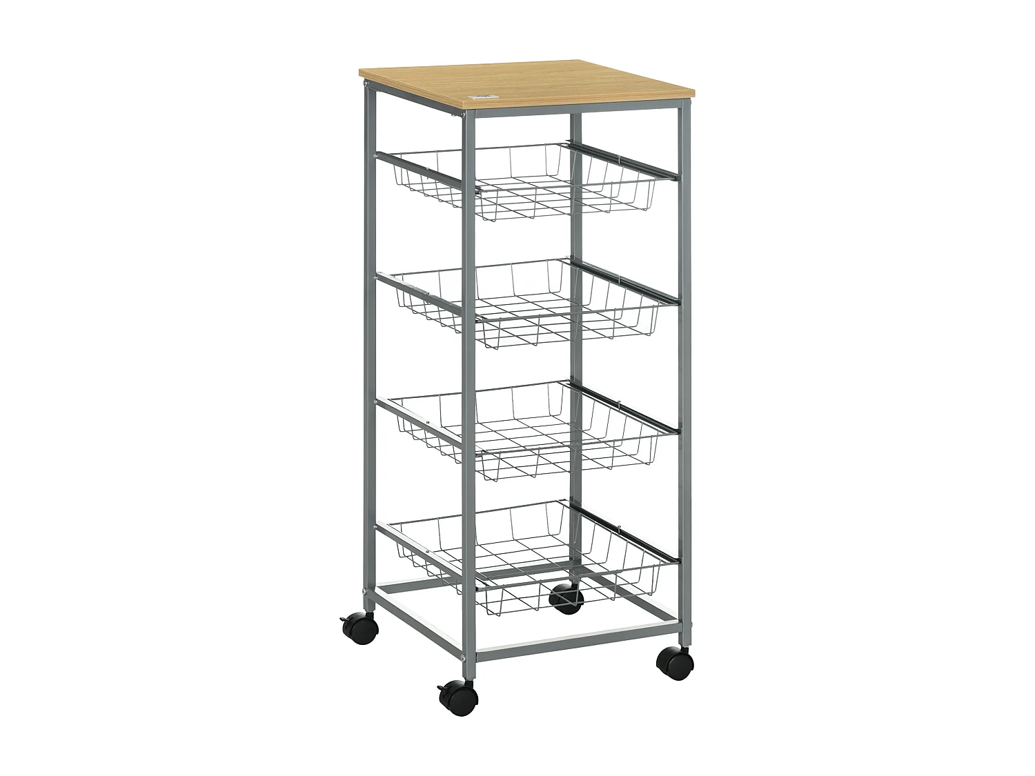 Chariot de cuisine avec paniers métalliques, en bois, argent (36.5x36.5x89 cm)