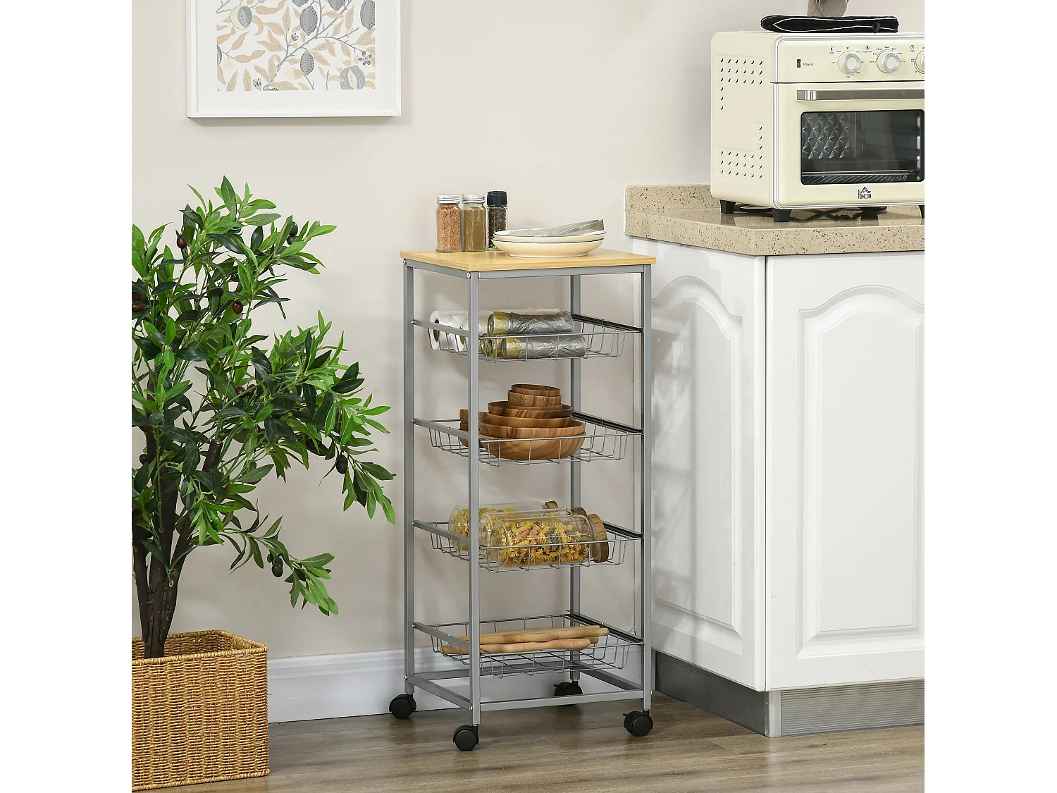 Chariot de cuisine avec paniers métalliques, en bois, argent (36.5x36.5x89 cm)