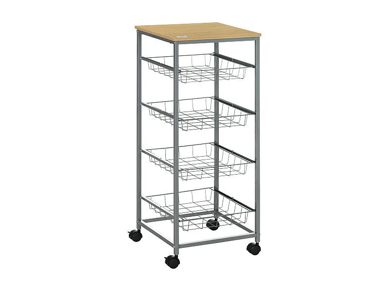 Chariot de cuisine avec paniers métalliques, en bois, argent (36.5x36.5x89 cm)
