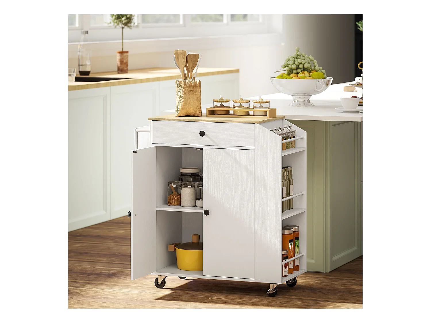 Carrito de cocina móvil con encimera, cajón y estante regulable, blanco (82x38x86,5 cm)