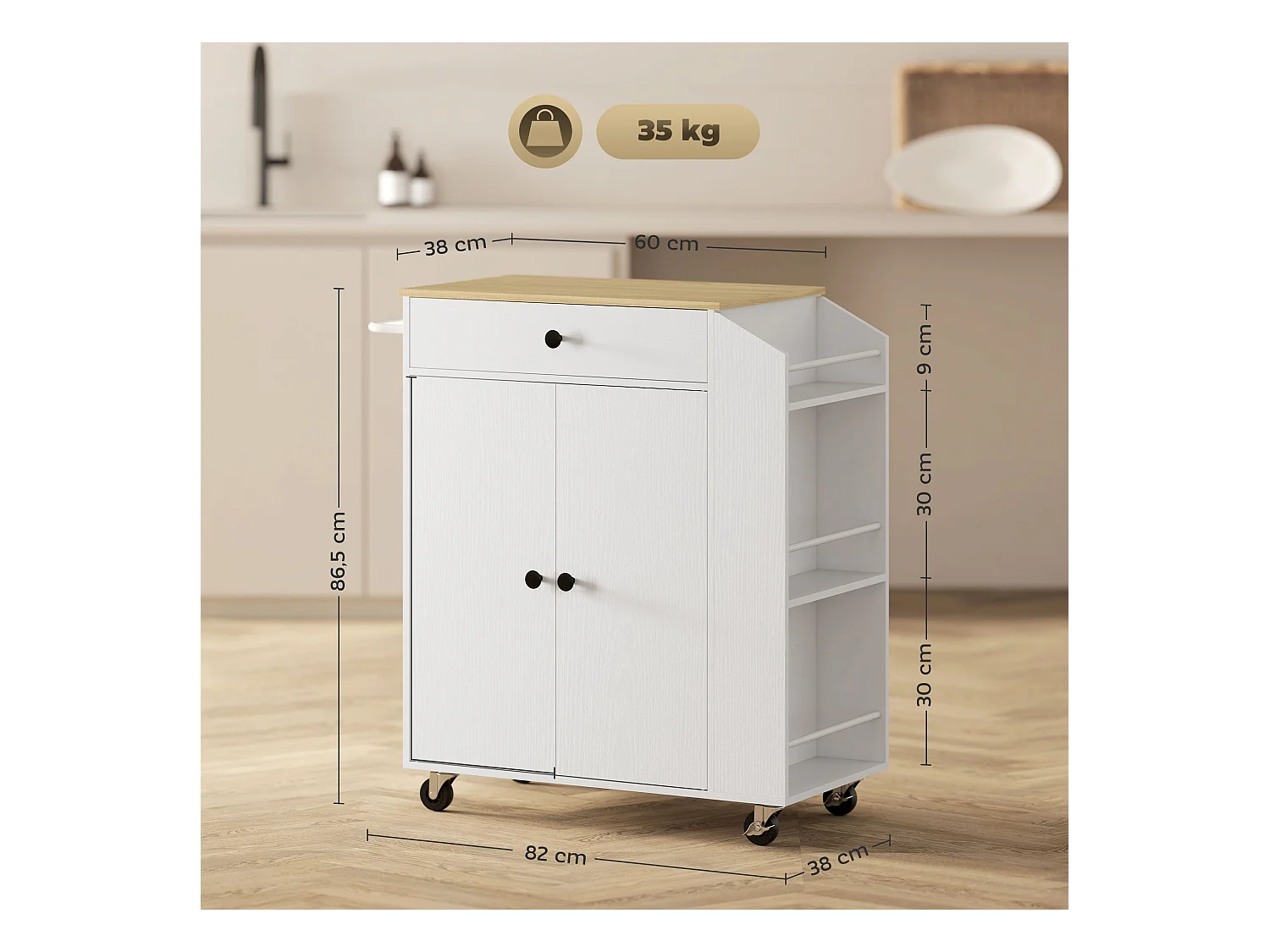 Carrito de cocina móvil con encimera, cajón y estante regulable, blanco (82x38x86,5 cm)