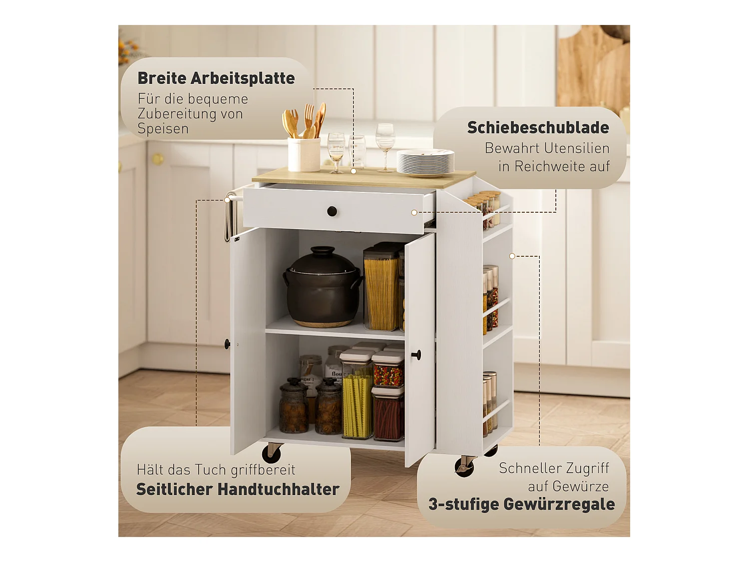 Carrello da cucina mobile con piano di lavoro, cassetto, ripiano regolabile, bianco (82x38x86,5 cm)