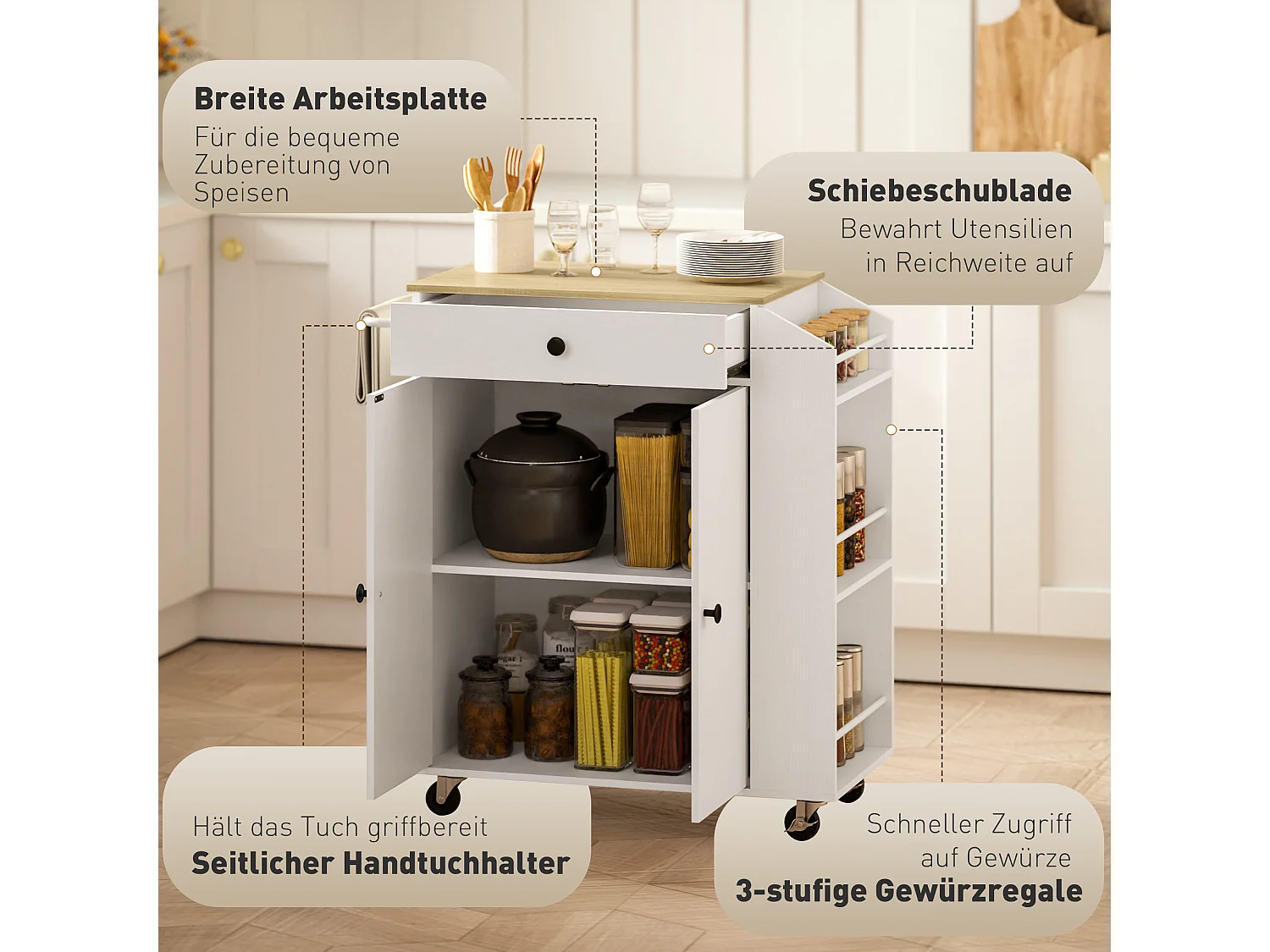 Chariot de cuisine mobile avec plan de travail, tiroir, étagère réglable, blanc (82x38x86.5 cm)