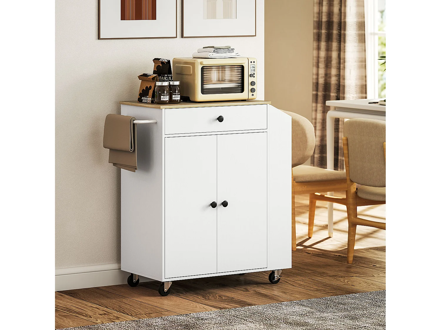 Chariot de cuisine mobile avec plan de travail, tiroir, étagère réglable, blanc (82x38x86.5 cm)