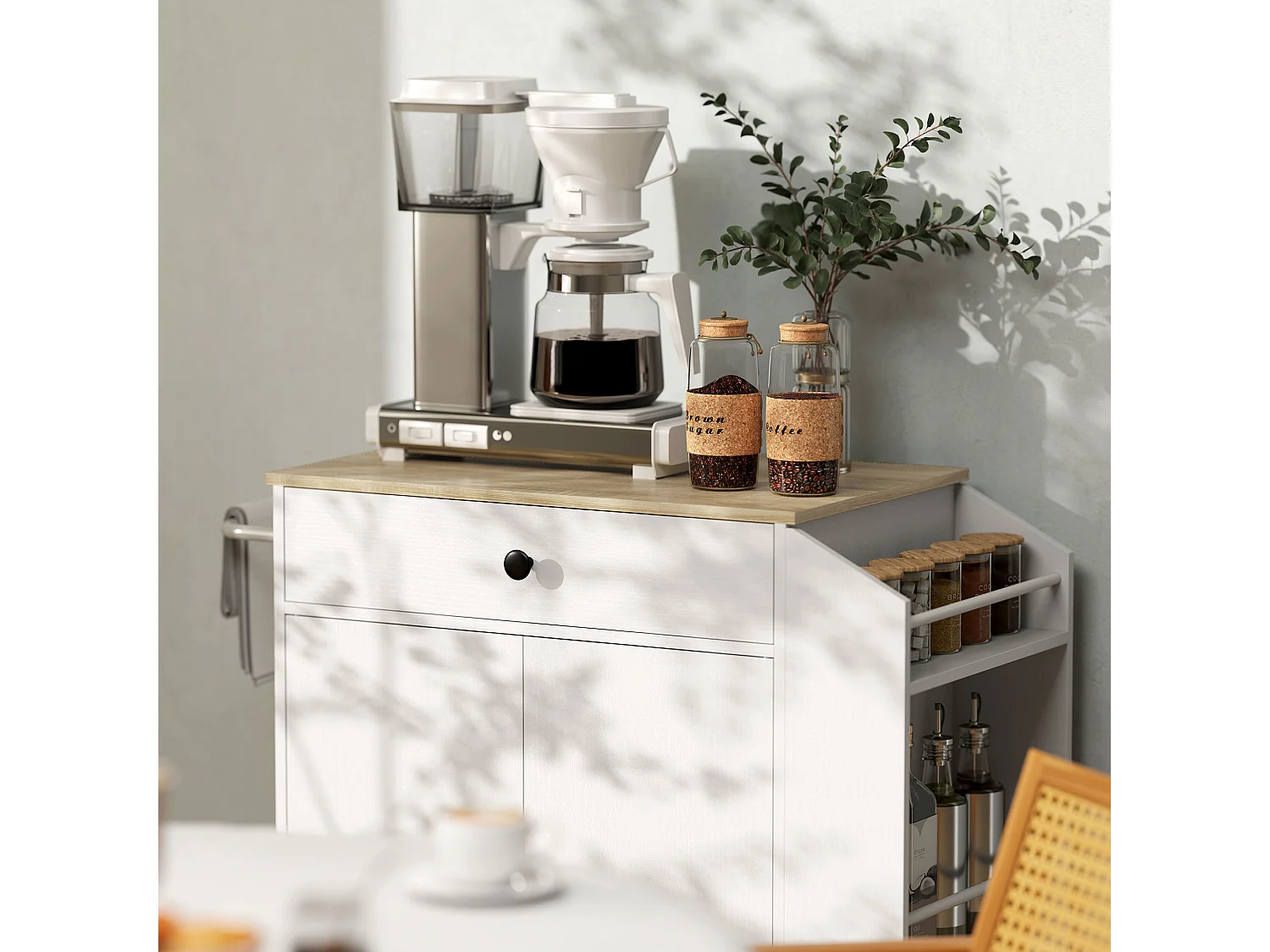 Chariot de cuisine mobile avec plan de travail, tiroir, étagère réglable, blanc (82x38x86.5 cm)