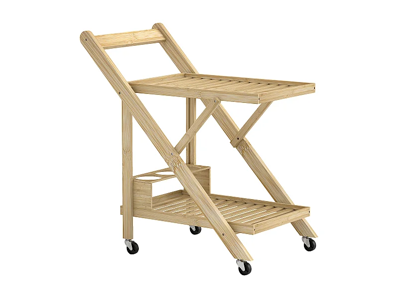 Carrello da cucina con portabottiglie, piano di lavoro, bambù naturale (66x40x70cm)