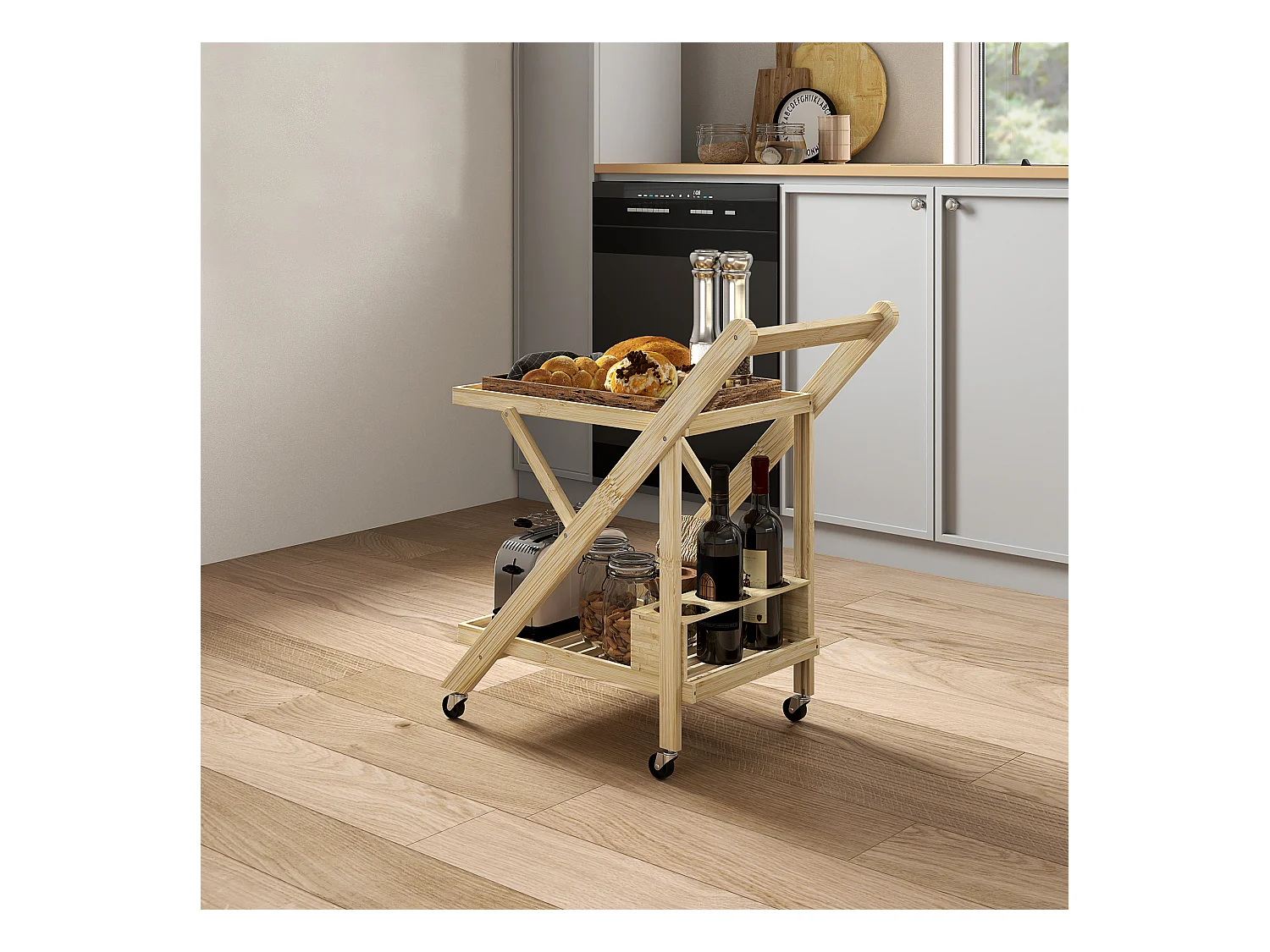 Keukentrolley met flessenrek, werkblad, natuurlijk bamboe (66x40x70cm)