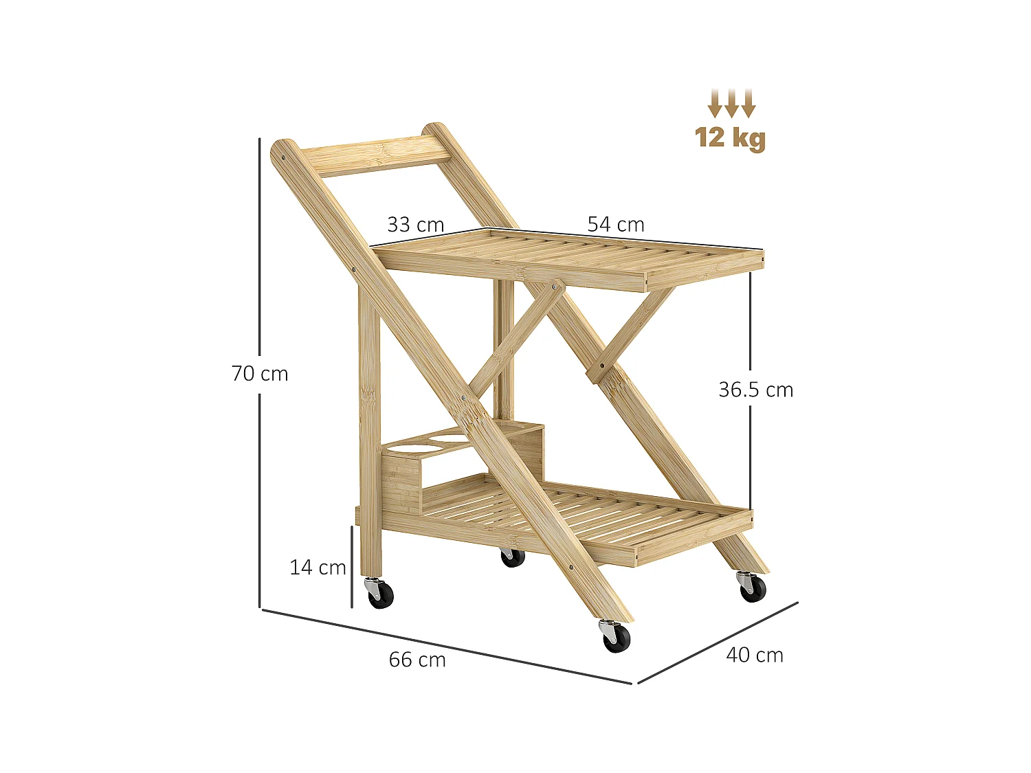 Keukentrolley met flessenrek, werkblad, natuurlijk bamboe (66x40x70cm)