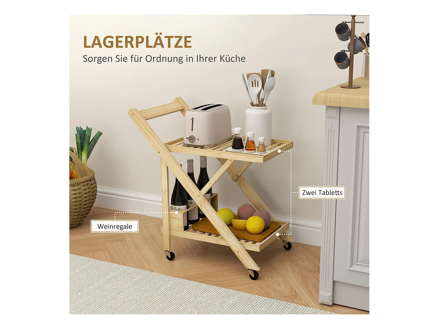 Keukentrolley met flessenrek, werkblad, natuurlijk bamboe (66x40x70cm)