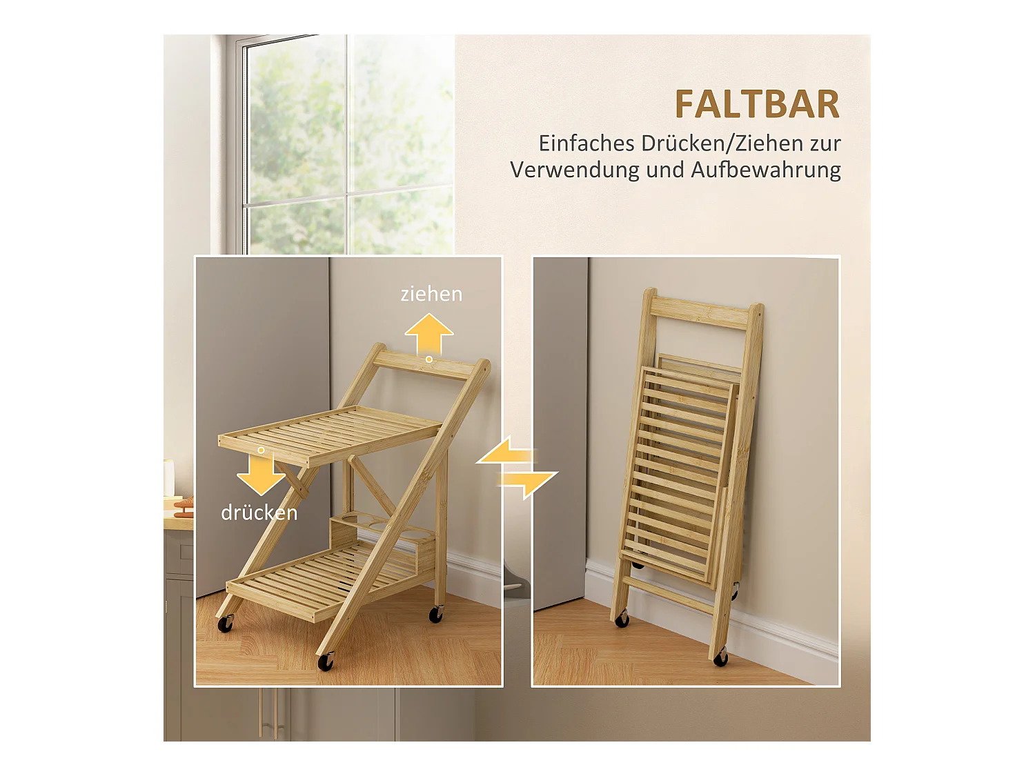 Keukentrolley met flessenrek, werkblad, natuurlijk bamboe (66x40x70cm)