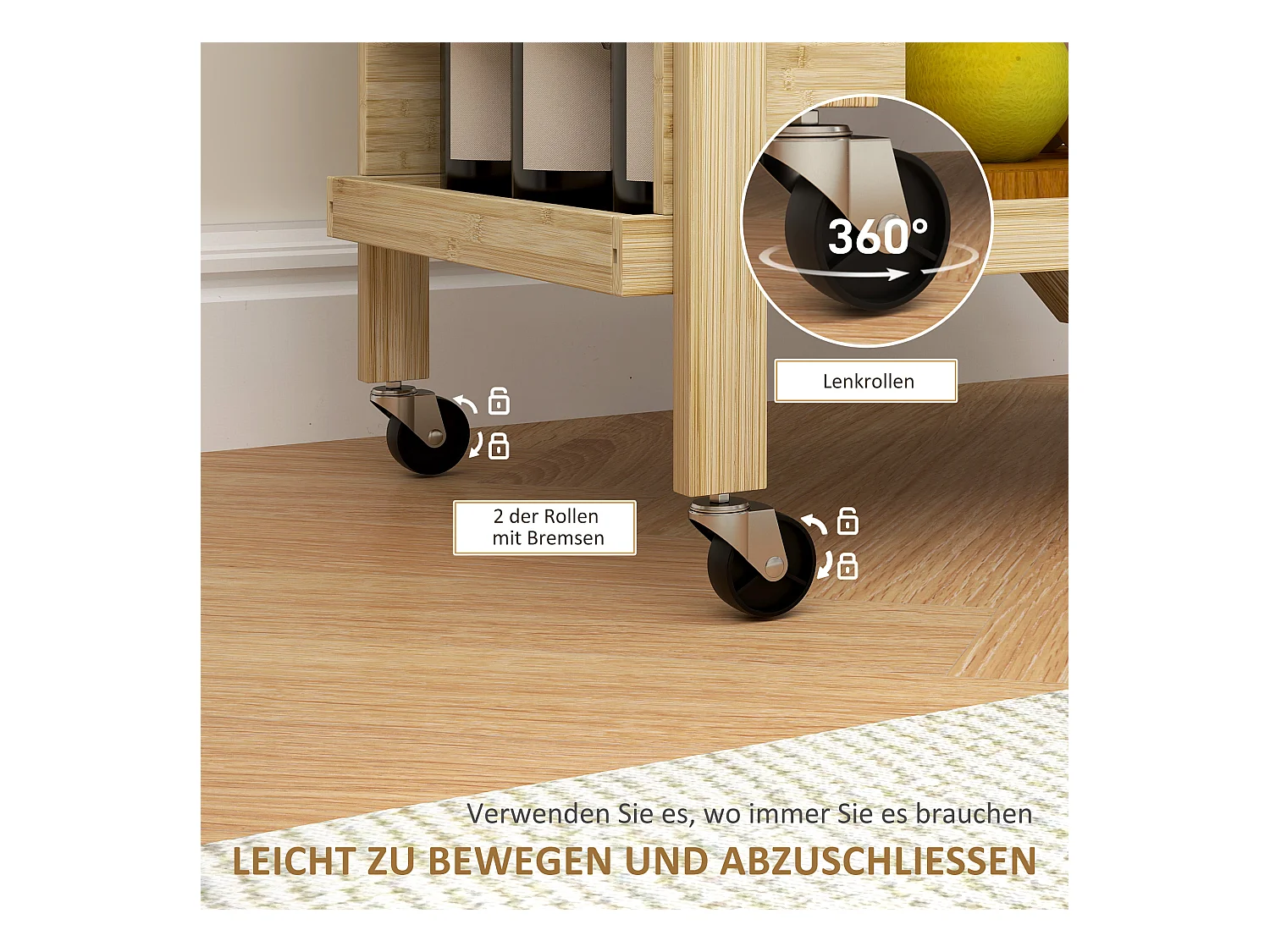 Keukentrolley met flessenrek, werkblad, natuurlijk bamboe (66x40x70cm)