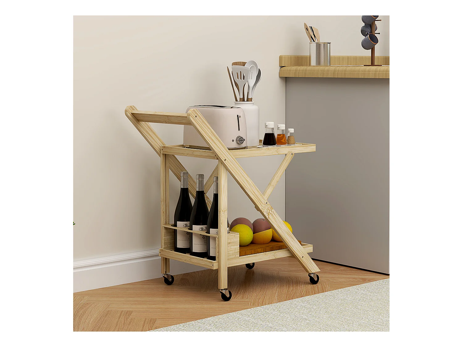 Keukentrolley met flessenrek, werkblad, natuurlijk bamboe (66x40x70cm)