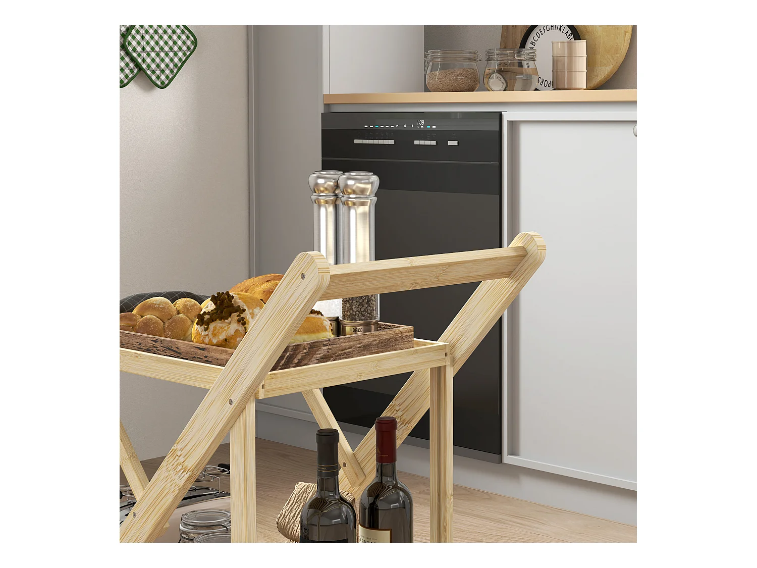 Keukentrolley met flessenrek, werkblad, natuurlijk bamboe (66x40x70cm)