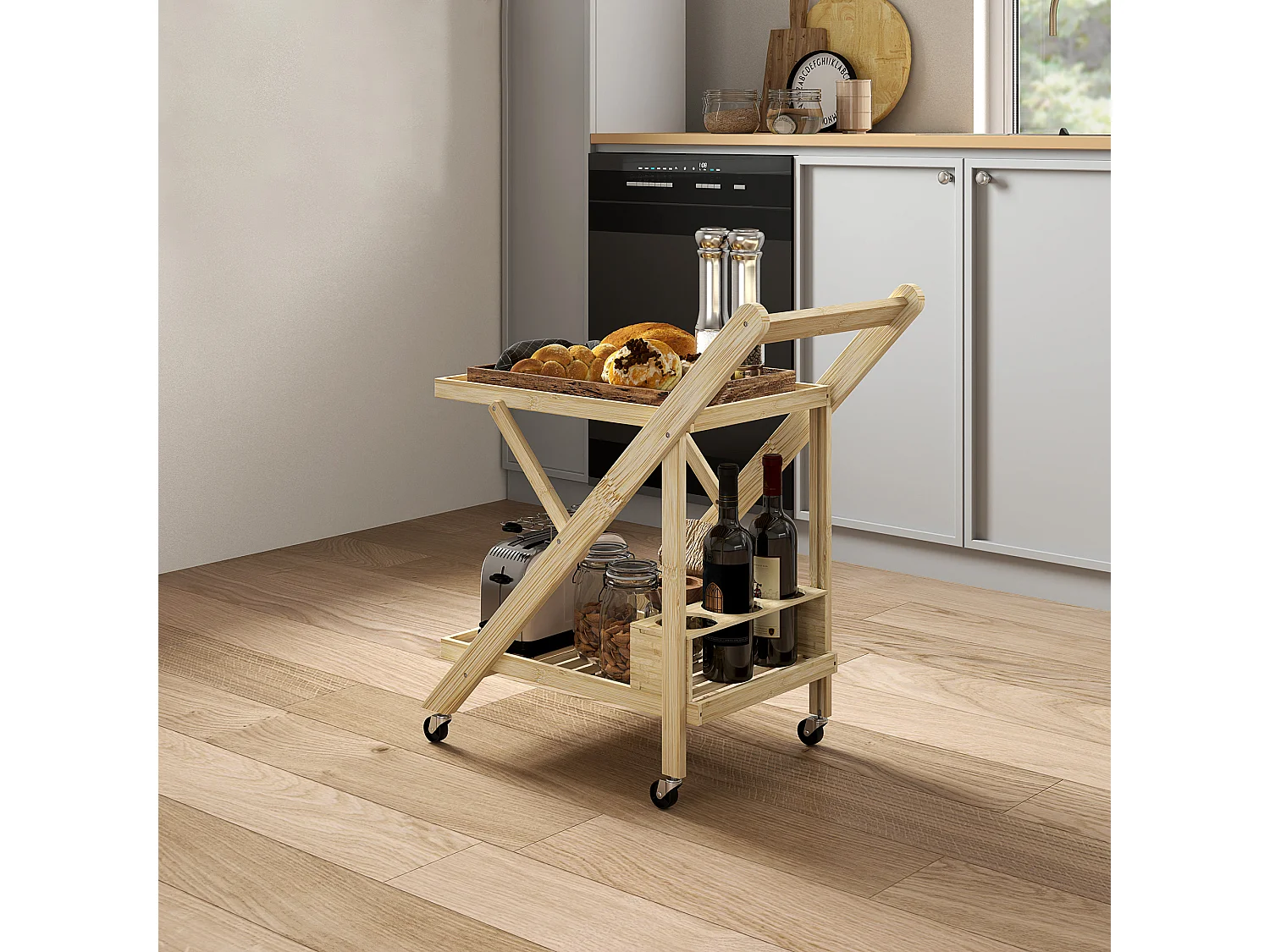 Desserte de cuisine avec range-bouteilles, plan de travail, bambou naturel (66x40x70cm)