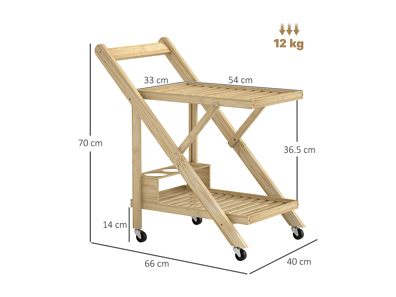 Desserte de cuisine avec range-bouteilles, plan de travail, bambou naturel (66x40x70cm)