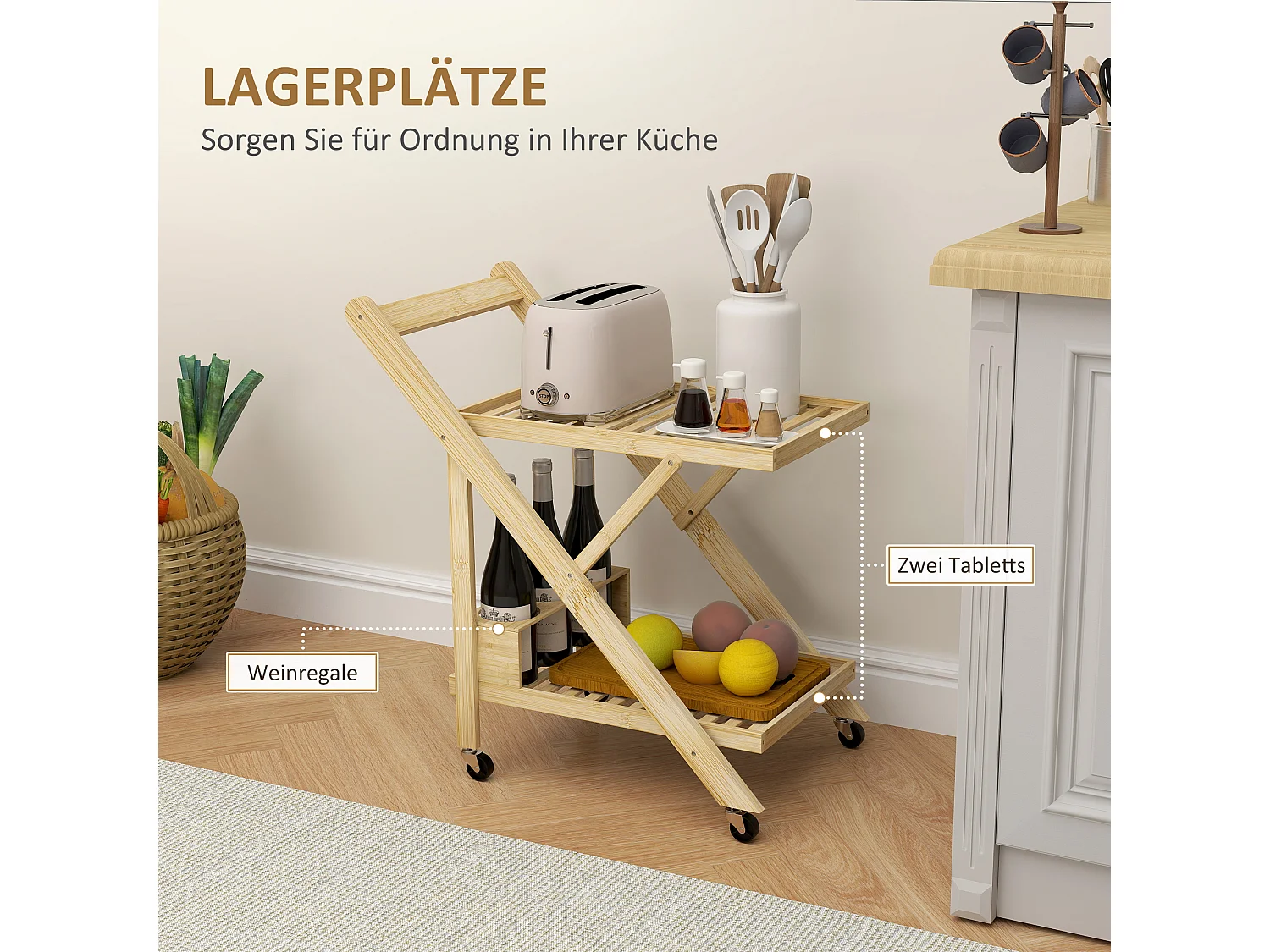 Desserte de cuisine avec range-bouteilles, plan de travail, bambou naturel (66x40x70cm)