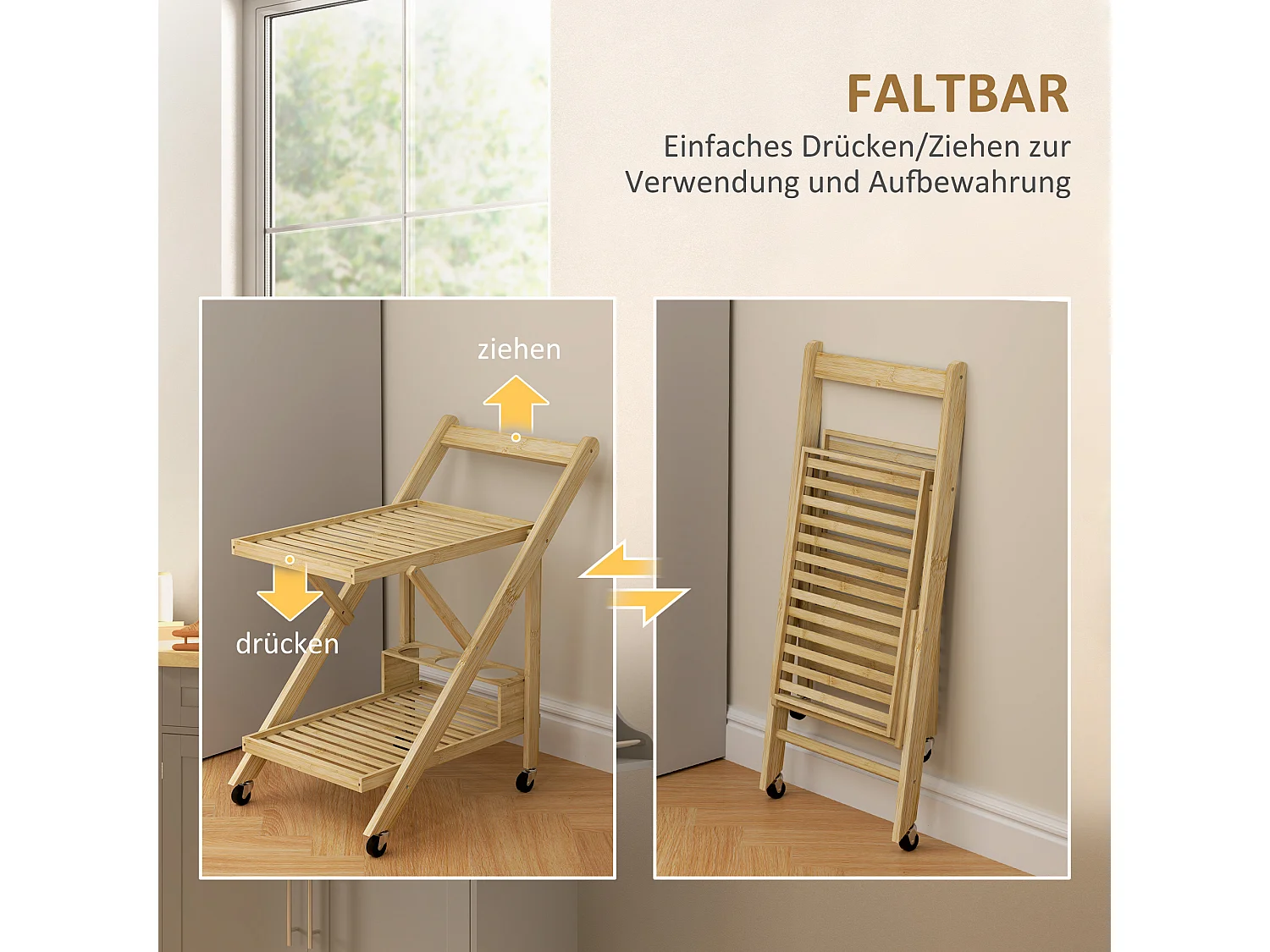 Desserte de cuisine avec range-bouteilles, plan de travail, bambou naturel (66x40x70cm)