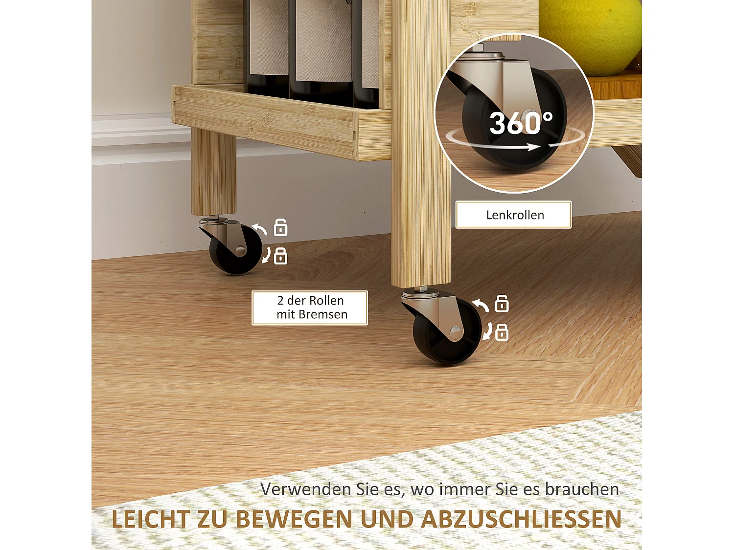 Desserte de cuisine avec range-bouteilles, plan de travail, bambou naturel (66x40x70cm)