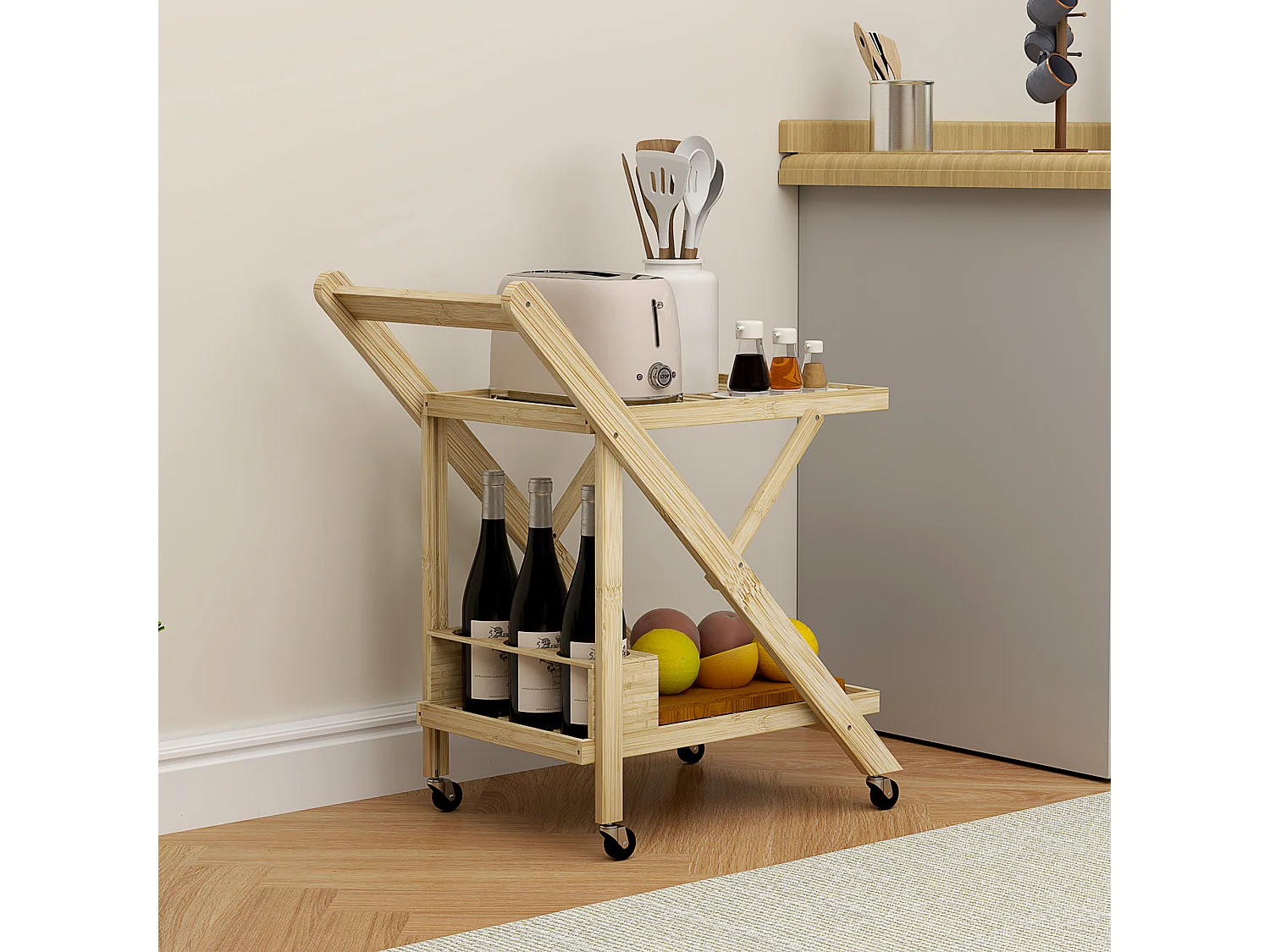 Desserte de cuisine avec range-bouteilles, plan de travail, bambou naturel (66x40x70cm)