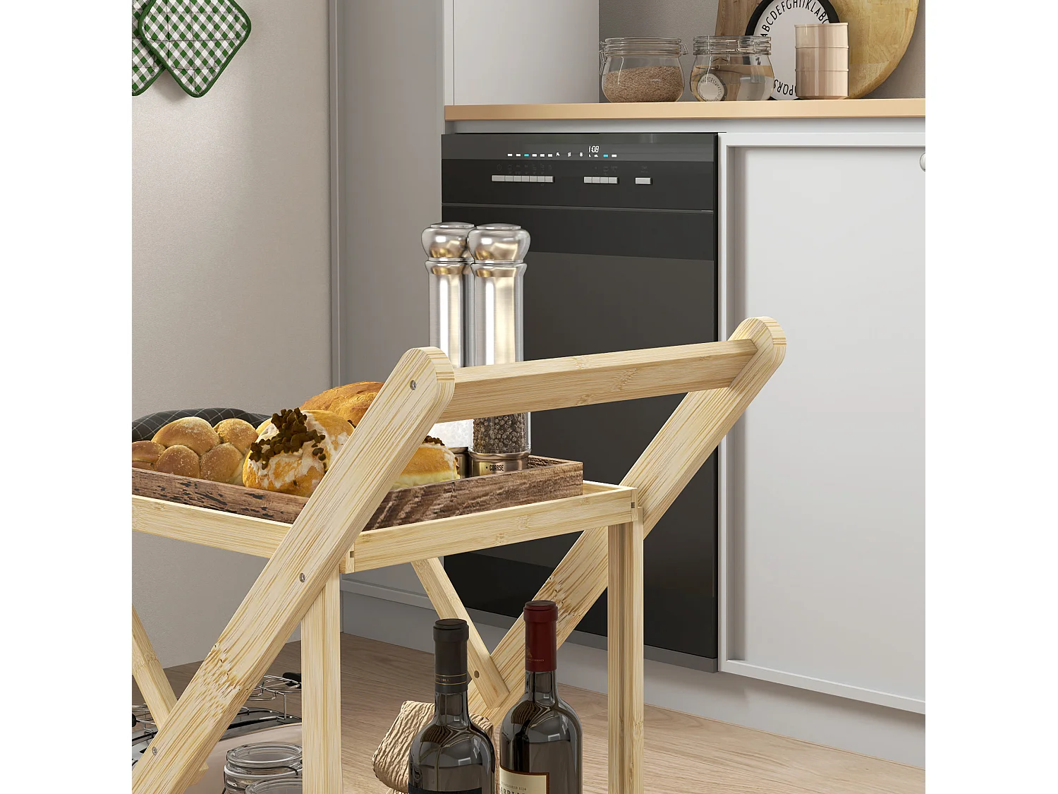 Desserte de cuisine avec range-bouteilles, plan de travail, bambou naturel (66x40x70cm)