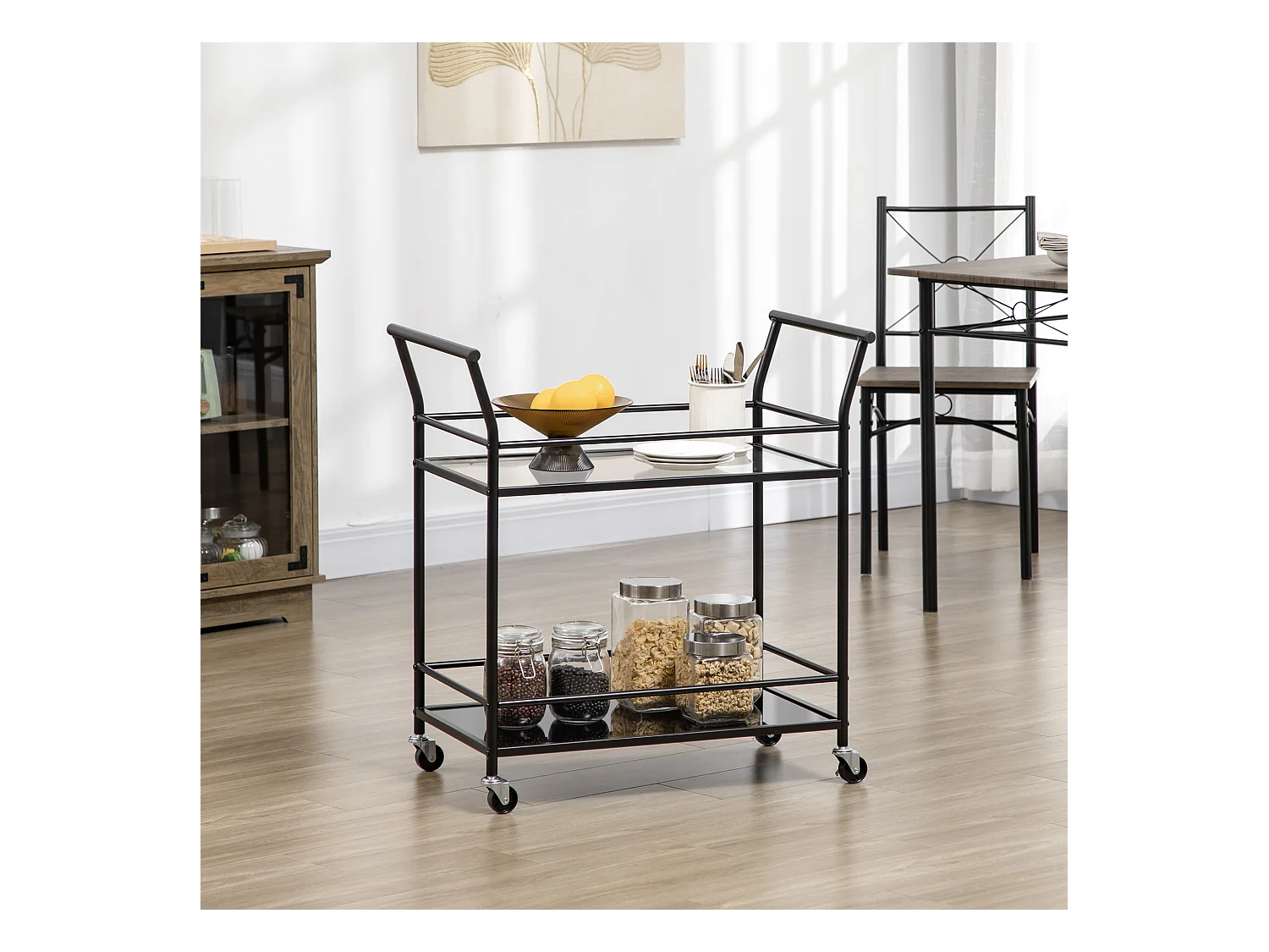 Carrito de cocina móvil de 2 niveles, estructura de metal negro, tapa de cristal templado, ruedas con freno (75x40x80cm)