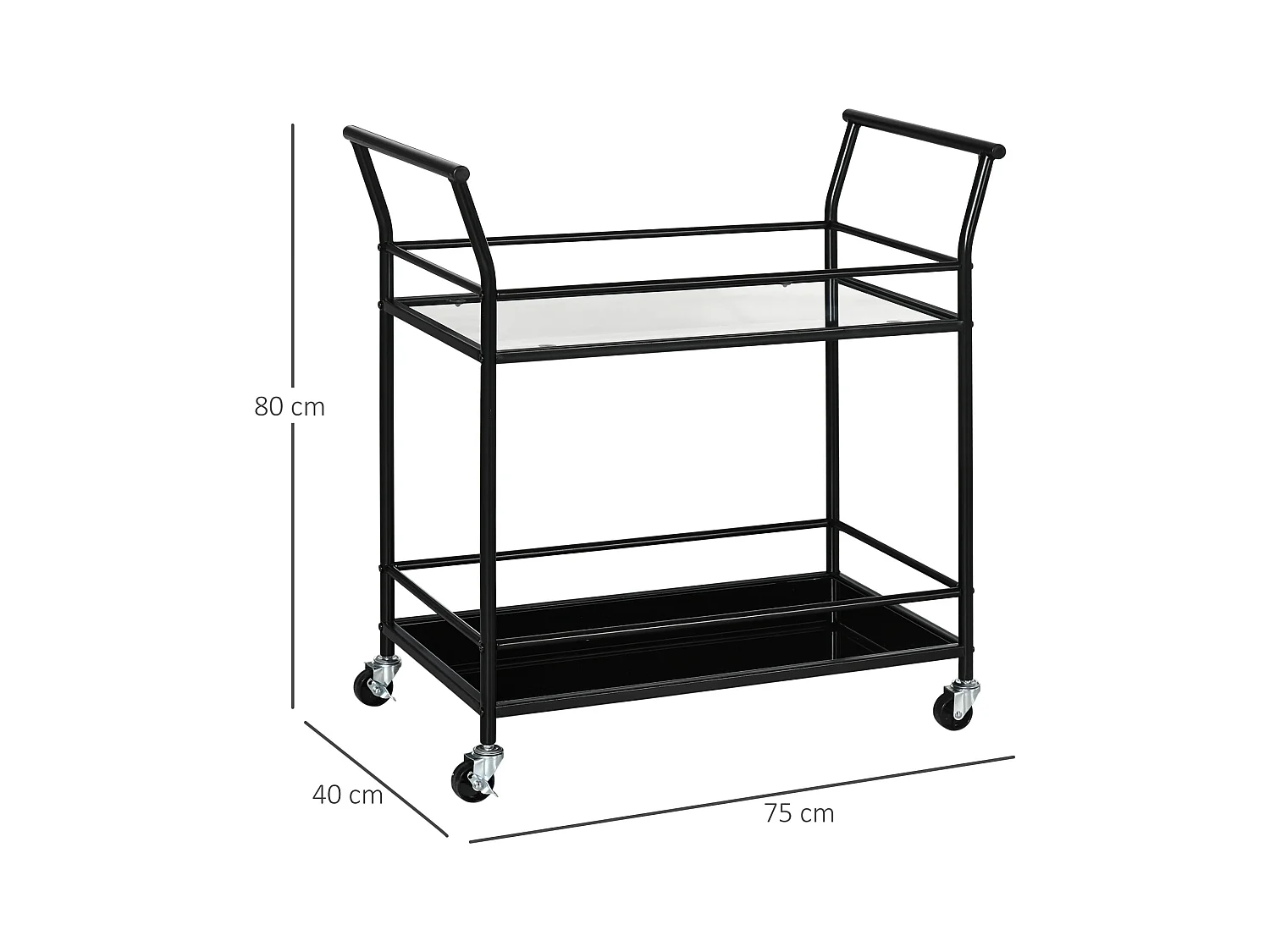 Carrito de cocina móvil de 2 niveles, estructura de metal negro, tapa de cristal templado, ruedas con freno (75x40x80cm)