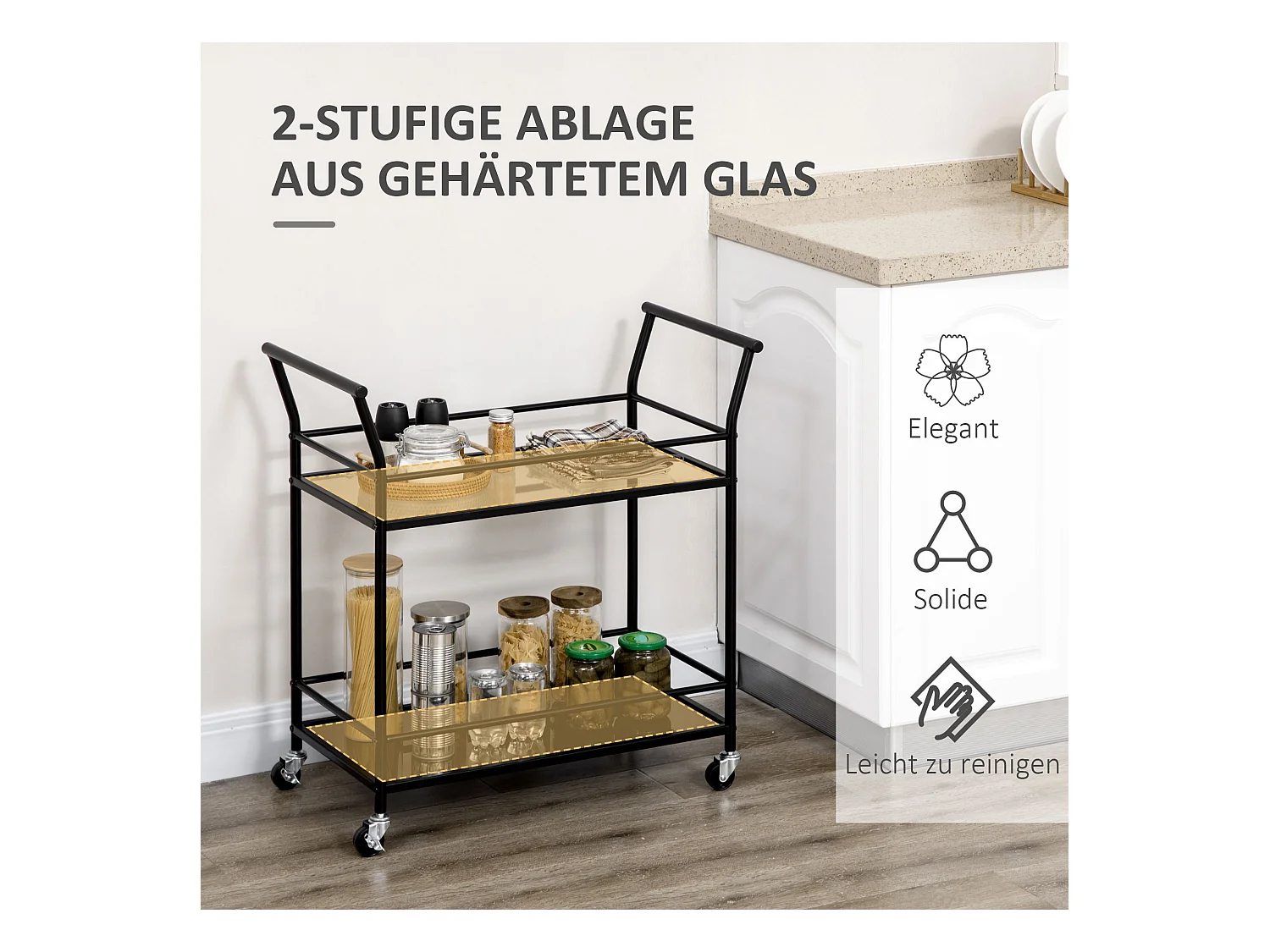 Carrito de cocina móvil de 2 niveles, estructura de metal negro, tapa de cristal templado, ruedas con freno (75x40x80cm)