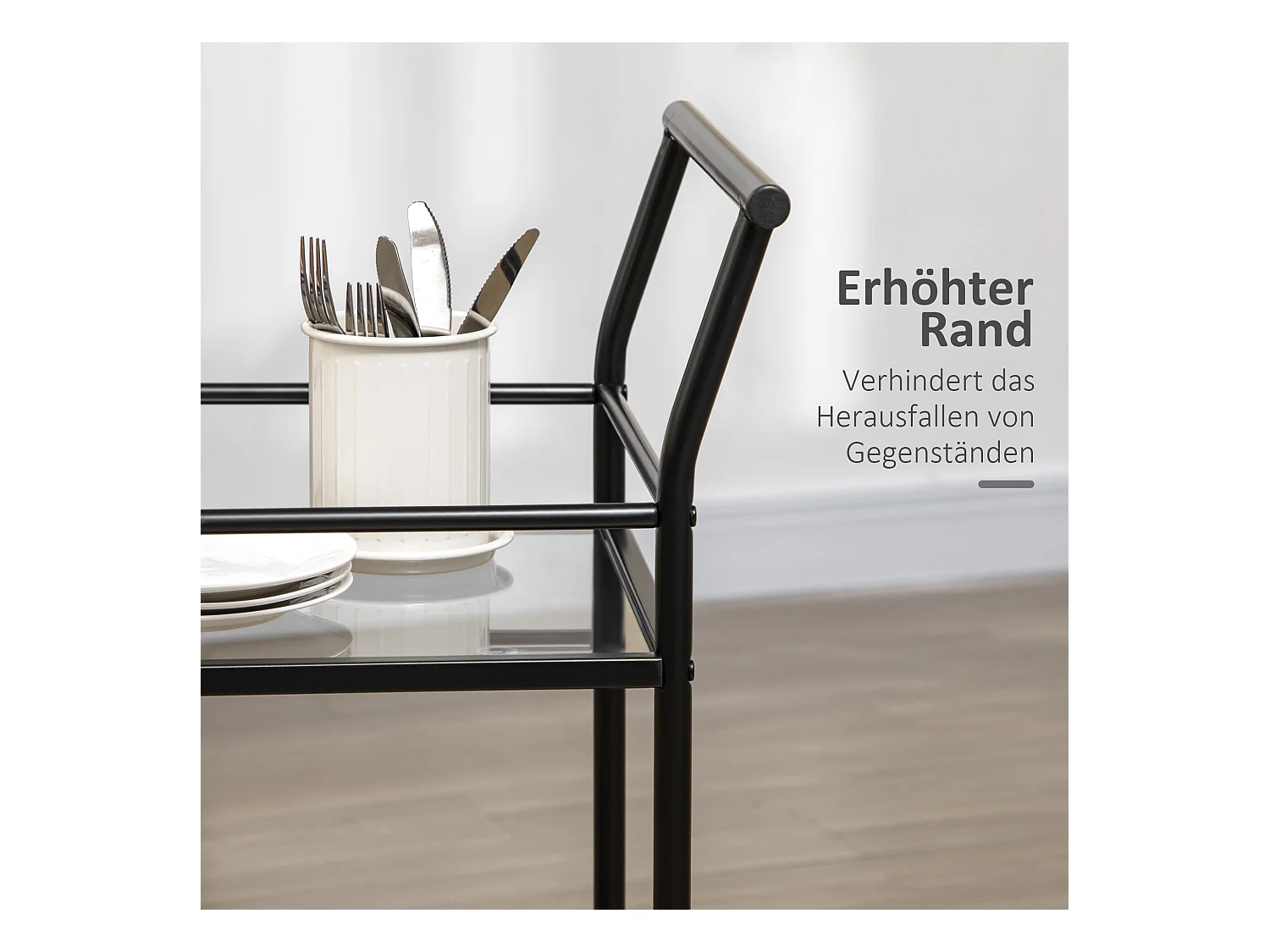 Carrito de cocina móvil de 2 niveles, estructura de metal negro, tapa de cristal templado, ruedas con freno (75x40x80cm)