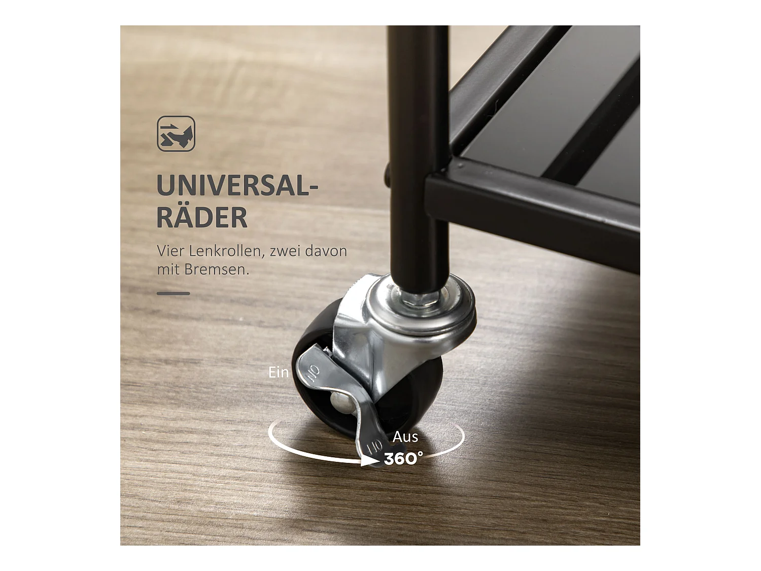 Carrito de cocina móvil de 2 niveles, estructura de metal negro, tapa de cristal templado, ruedas con freno (75x40x80cm)