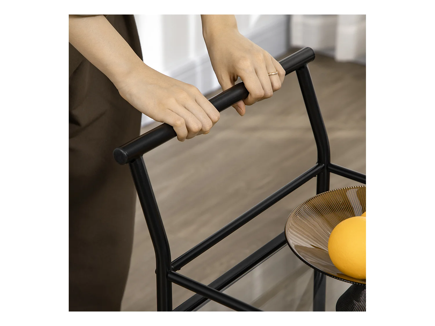 Carrito de cocina móvil de 2 niveles, estructura de metal negro, tapa de cristal templado, ruedas con freno (75x40x80cm)