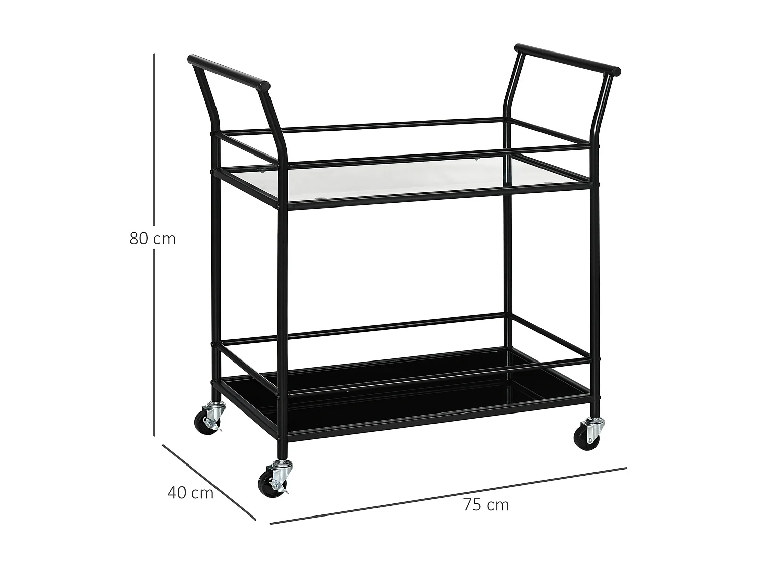 Desserte de cuisine mobile 2 niveaux, structure métal noir, plateau verre trempé, roulettes avec freins (75x40x80cm)