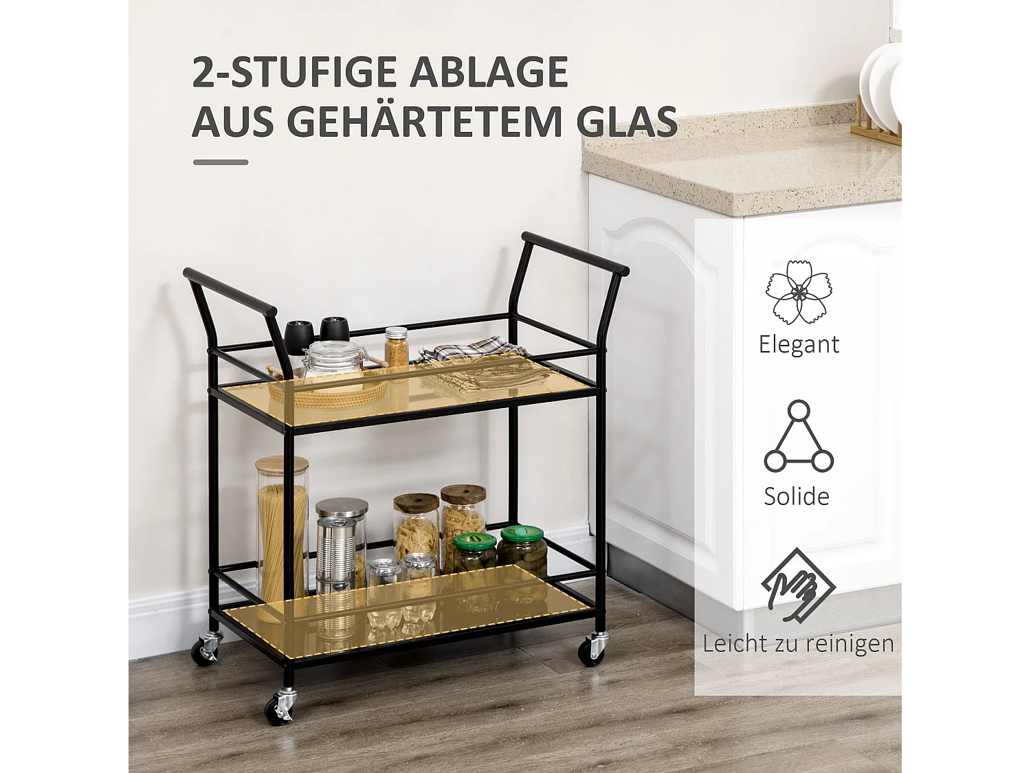 Desserte de cuisine mobile 2 niveaux, structure métal noir, plateau verre trempé, roulettes avec freins (75x40x80cm)