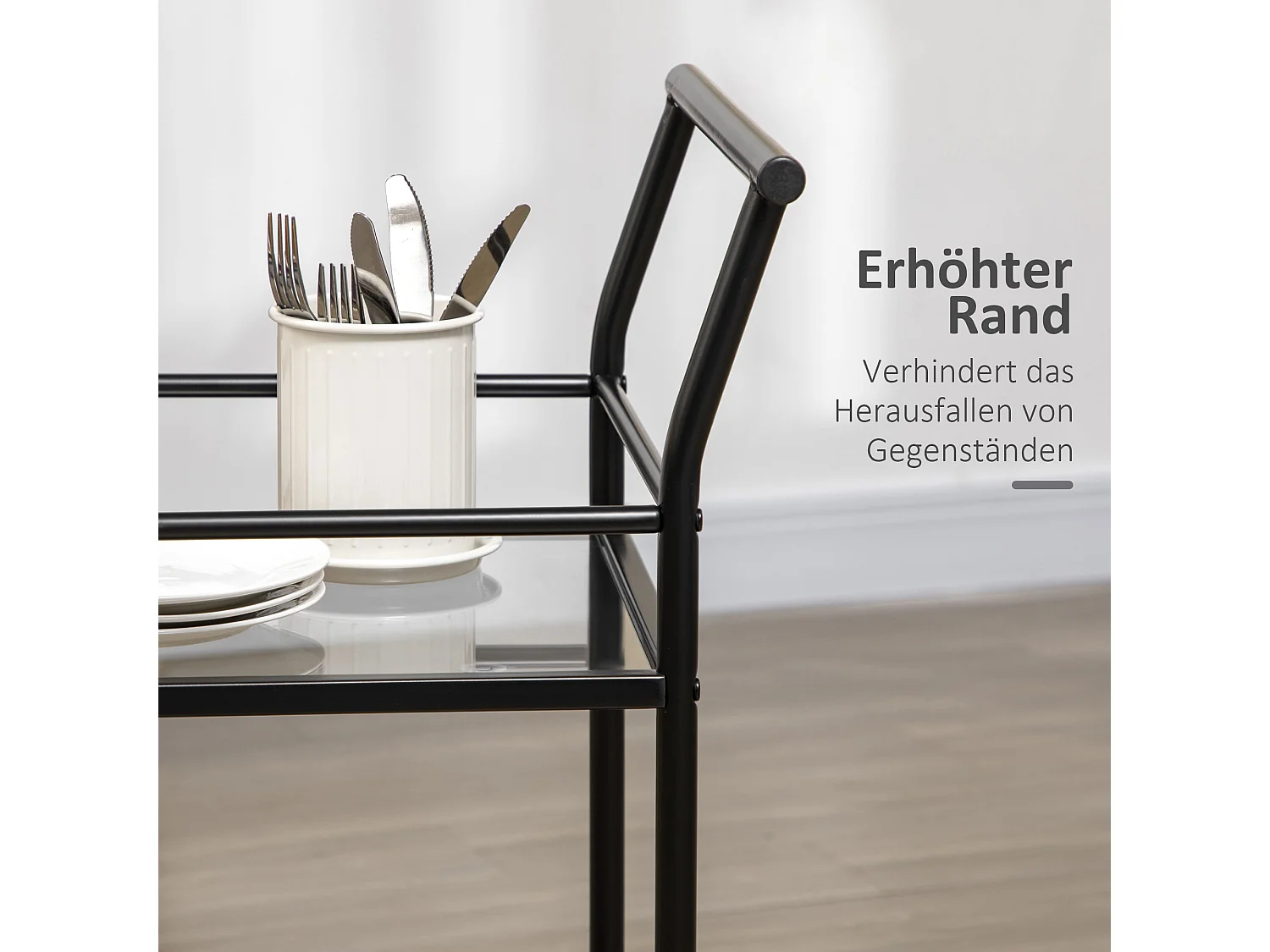 Desserte de cuisine mobile 2 niveaux, structure métal noir, plateau verre trempé, roulettes avec freins (75x40x80cm)