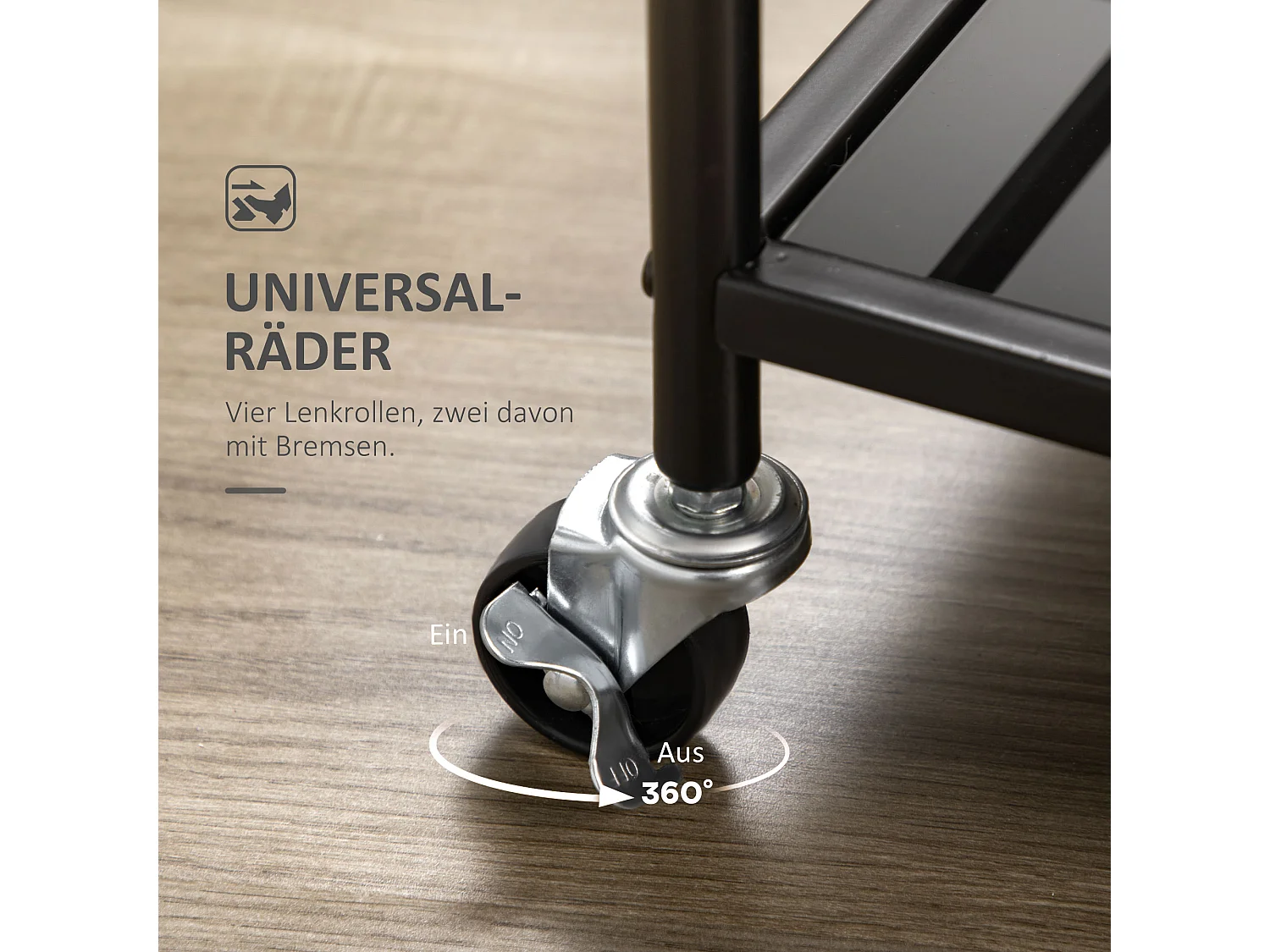 Desserte de cuisine mobile 2 niveaux, structure métal noir, plateau verre trempé, roulettes avec freins (75x40x80cm)