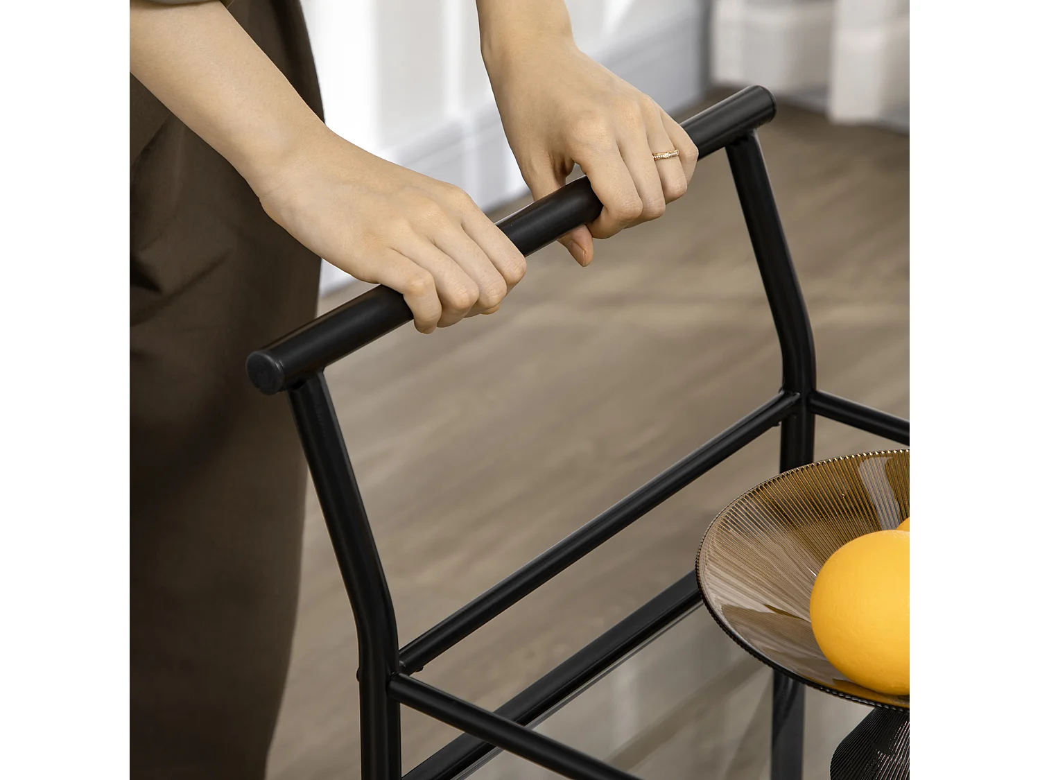 Desserte de cuisine mobile 2 niveaux, structure métal noir, plateau verre trempé, roulettes avec freins (75x40x80cm)